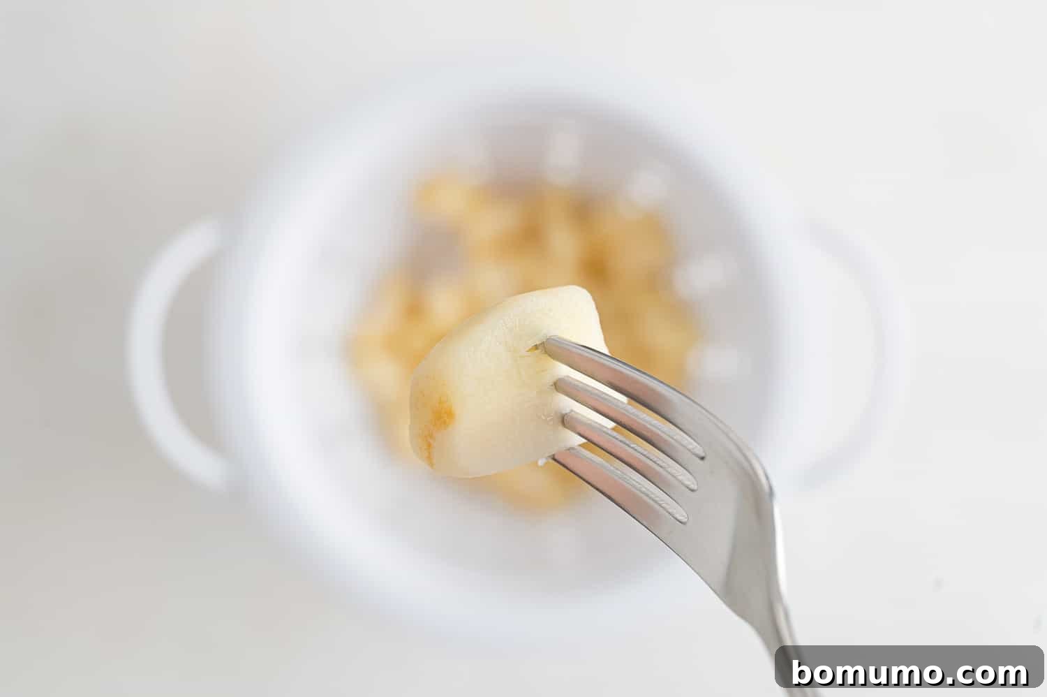 Silken Parsnip Puree 7 A parsnip piece being poked with a fork to test its tenderness after boiling.