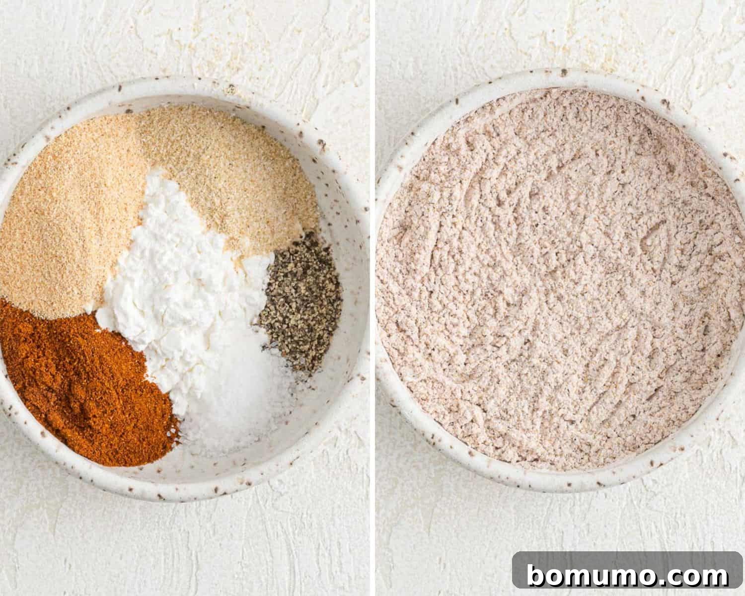 Golden Chicken Bites 5 Two side-by-side images showcasing spices and cornstarch: one before mixing, revealing individual ingredients, and the other after mixing, showing a uniformly blended coating.