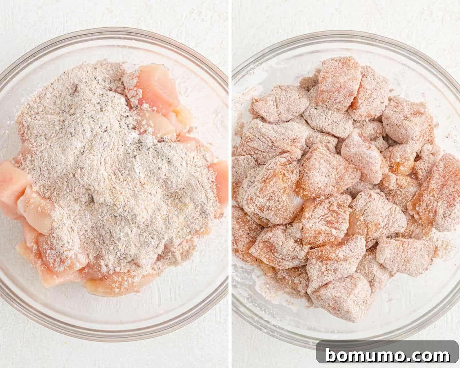 Golden Chicken Bites 6 Two images side-by-side: the first shows raw diced chicken in a bowl, the second shows the same chicken thoroughly coated with spices and cornstarch mixture.