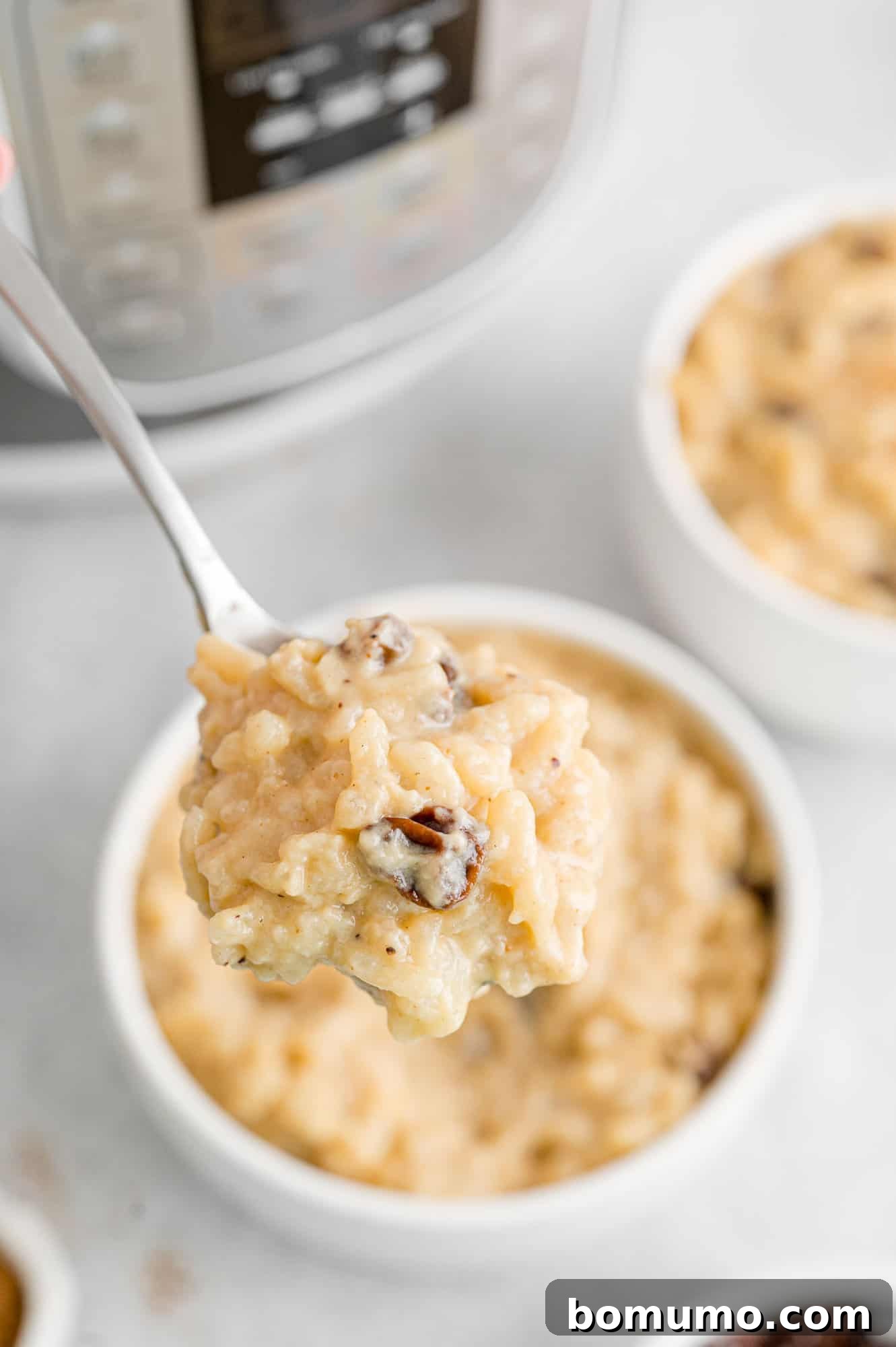 Another shot of Instant Pot rice pudding in a bowl with a spoon, inviting enjoyment.