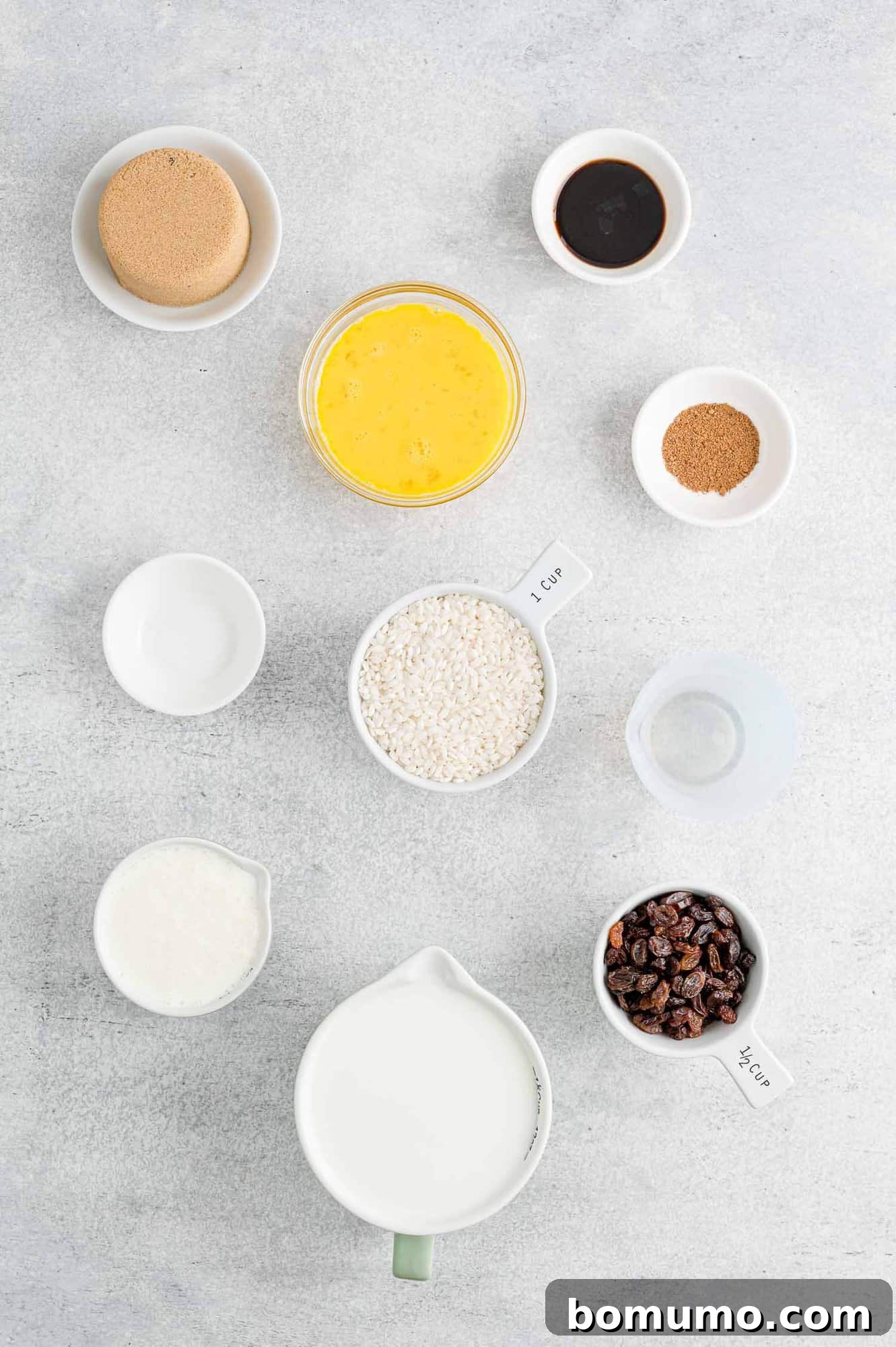 All the essential ingredients for Instant Pot rice pudding laid out, including basmati rice, milk, eggs, and raisins.