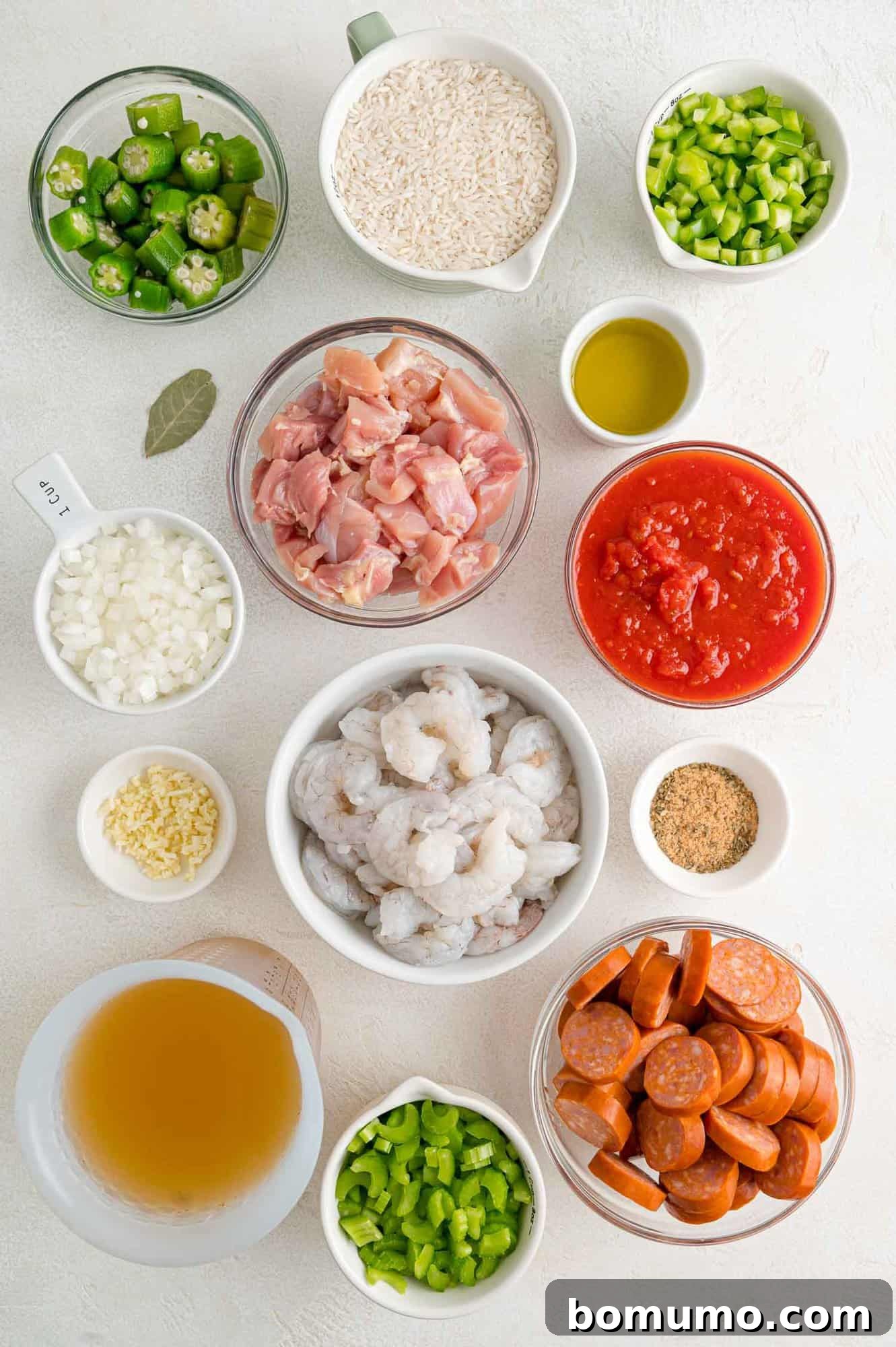 Ingredients needed including shrimp, sausage, chicken.