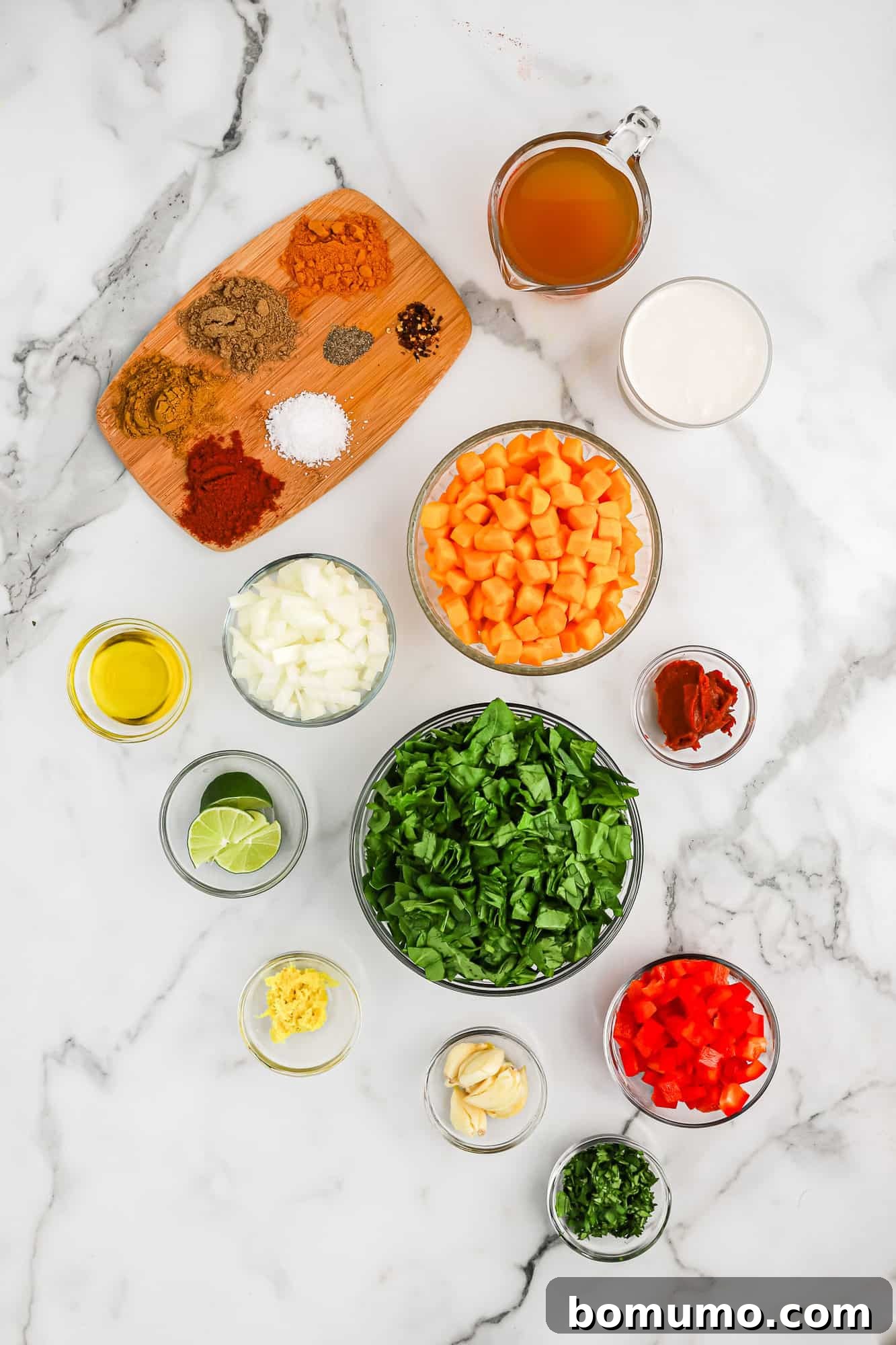 All the fresh and dry ingredients laid out on a kitchen counter, ready for preparing the butternut squash curry, including whole squash, spices, and fresh produce.