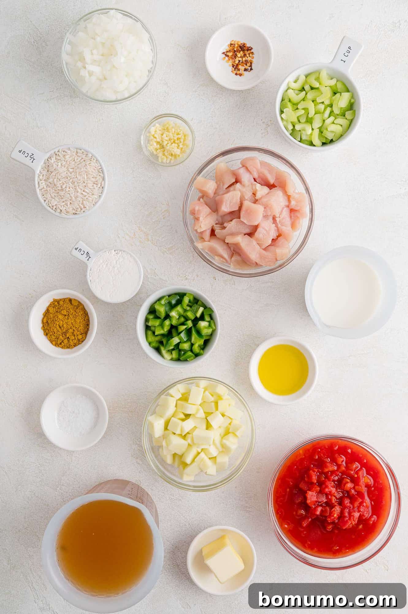 Ingredients laid out on a counter, ready for the Mulligatawny soup recipe.