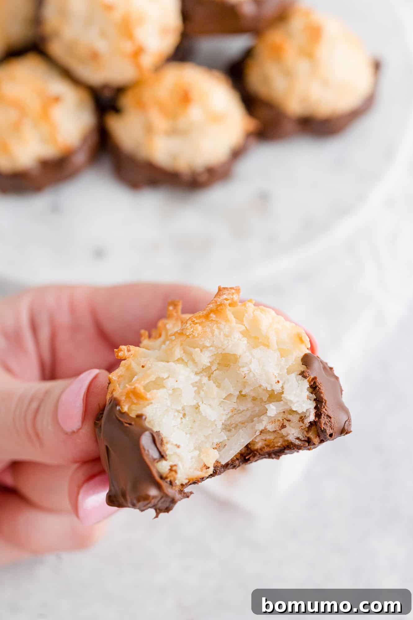 Chewy Coconut Delights 12 A close-up shot of a perfect coconut macaroon being held gently in a hand, showcasing its golden texture and chocolate base.