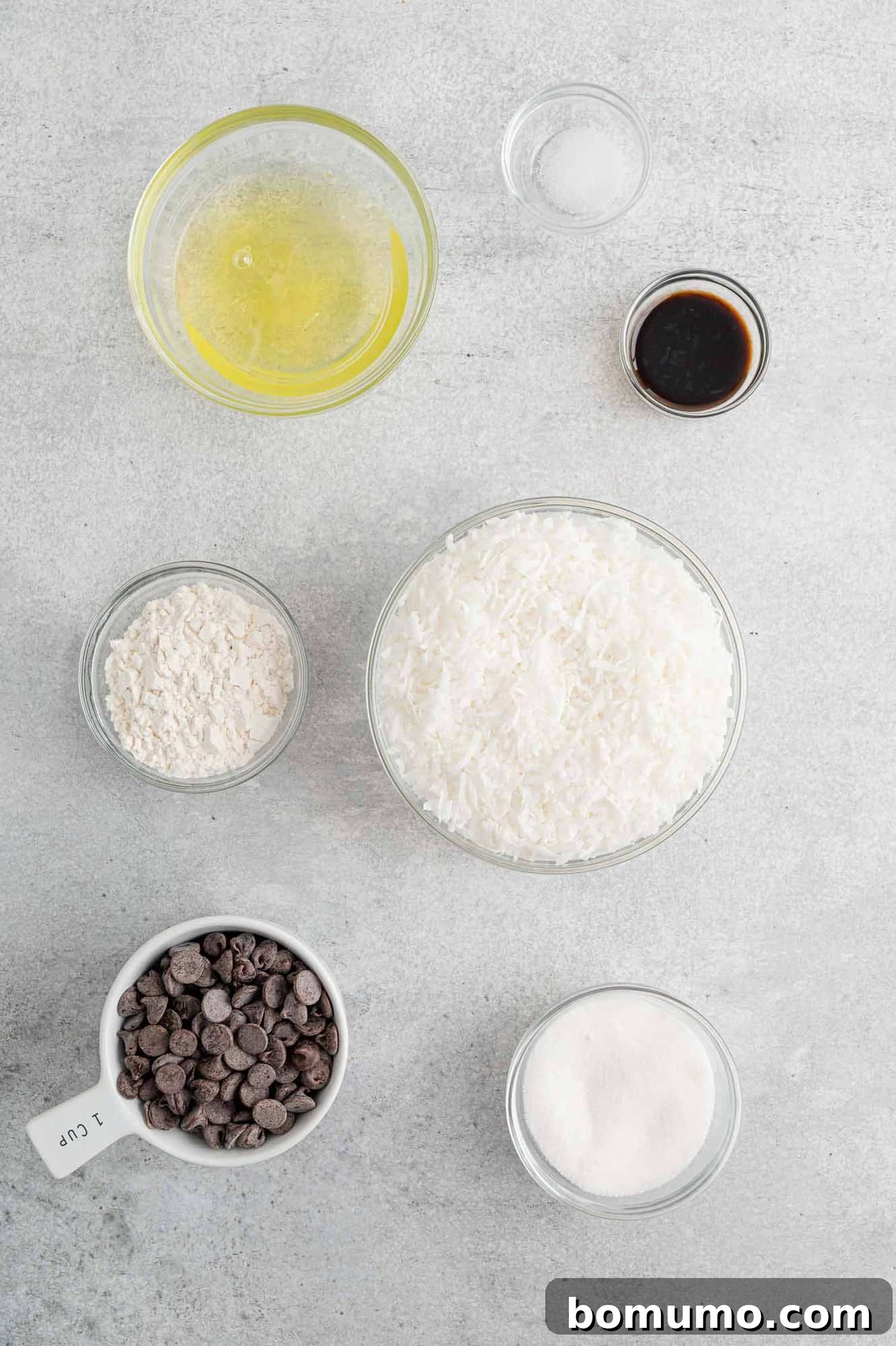 Chewy Coconut Delights 4 All the essential ingredients for baking delicious coconut macaroons, neatly arranged and ready for preparation.