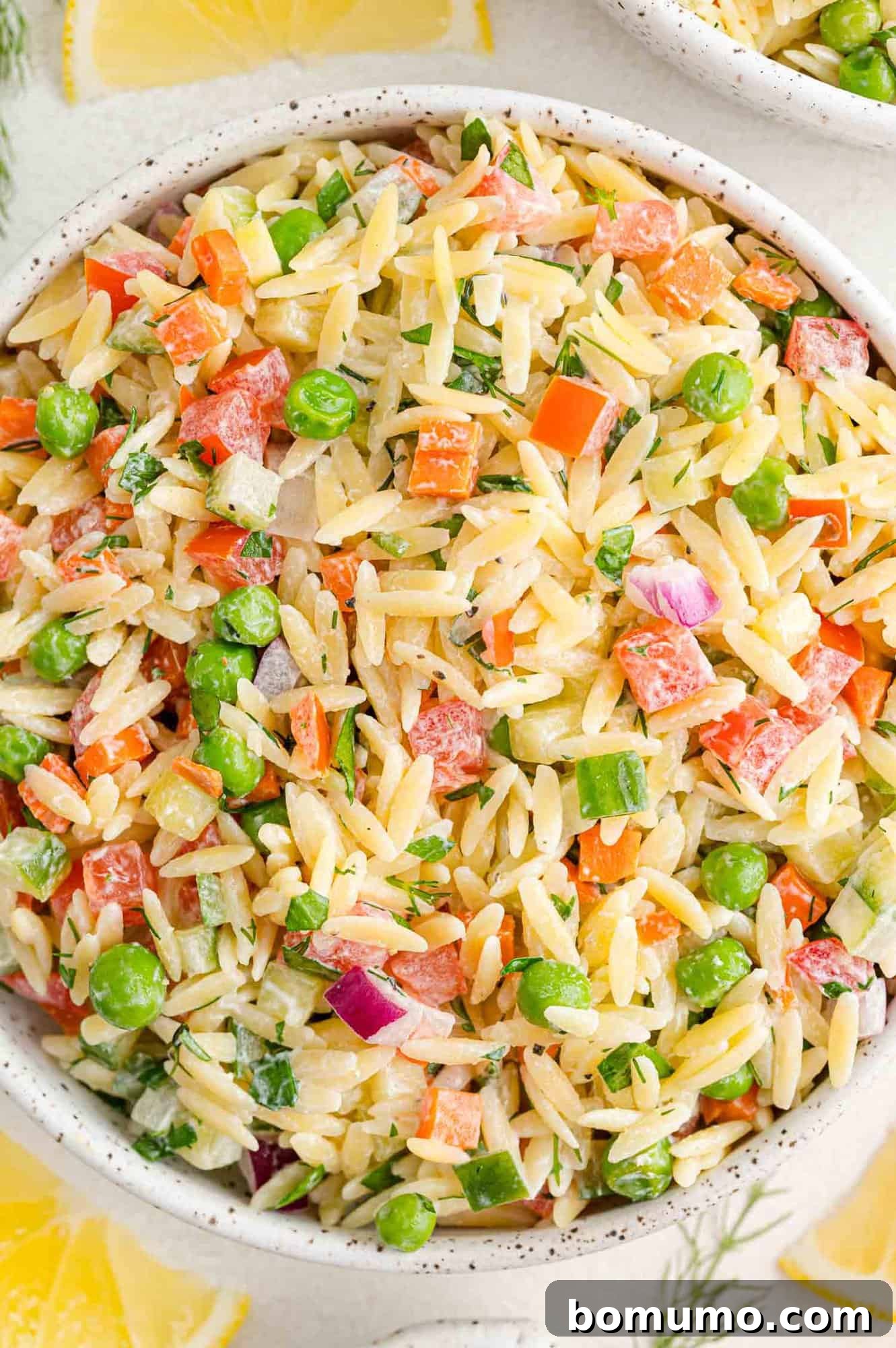 Overhead view of a vibrant orzo salad, richly dressed with a creamy yogurt dill sauce and packed with a variety of colorful vegetables.