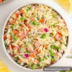Overhead view of a vibrant orzo salad with fresh vegetables and a creamy yogurt dill dressing, in a serving bowl.