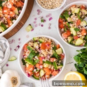 Barley Salad in multiple bowls, ingredients also visible.