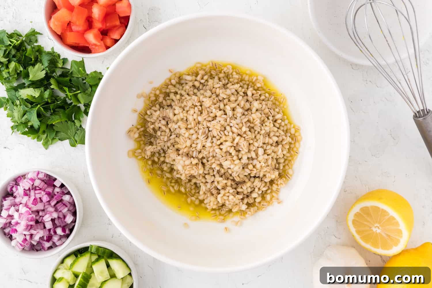 Barley added to dressing.