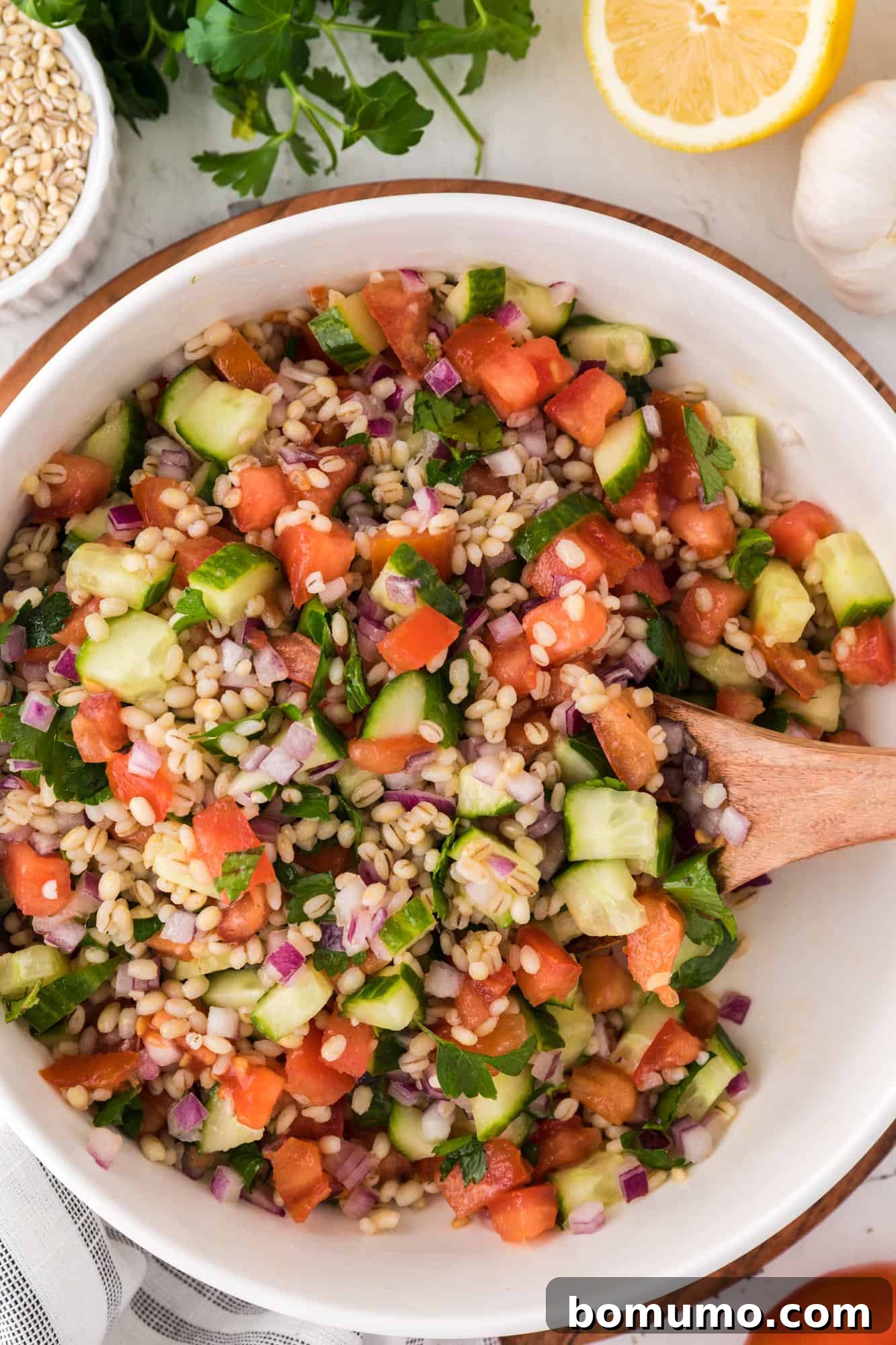 Barley salad, mixed together.