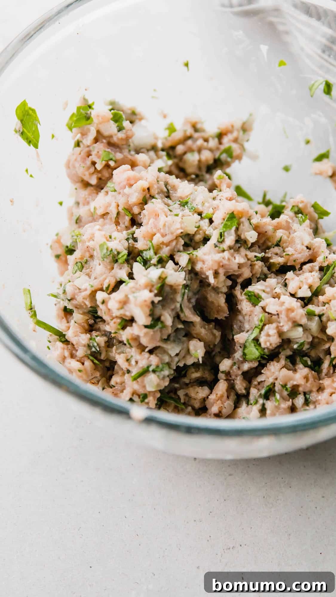 Close-up of the Chicken Kofta ingredients beautifully blended together in a mixing bowl, ready for shaping.