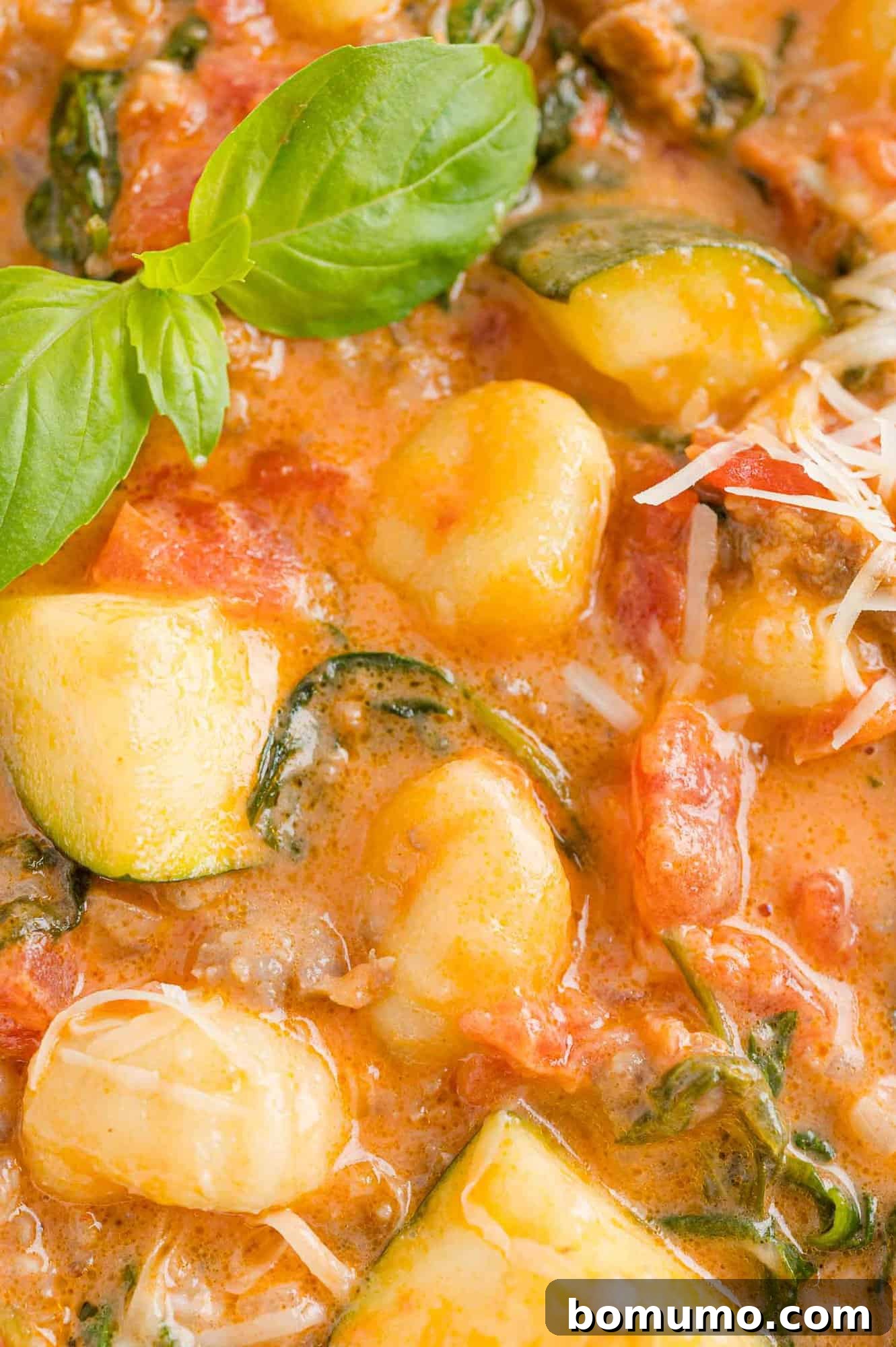 Close-up view of the creamy gnocchi dish, highlighting the sausage, zucchini, and spinach components.