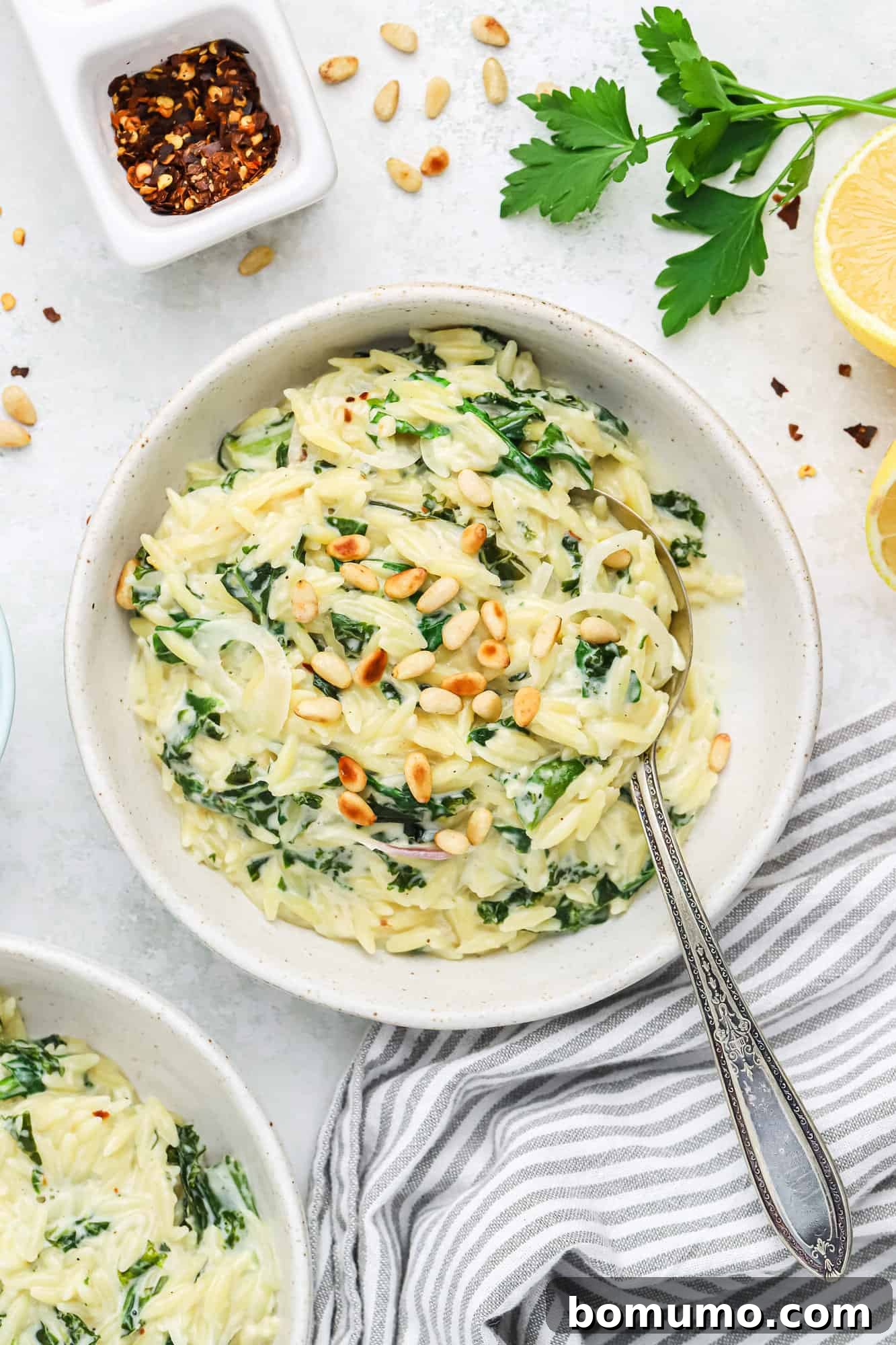 A close-up shot of creamy orzo pasta with vibrant greens, generously topped with golden toasted pine nuts, presented in a bowl.