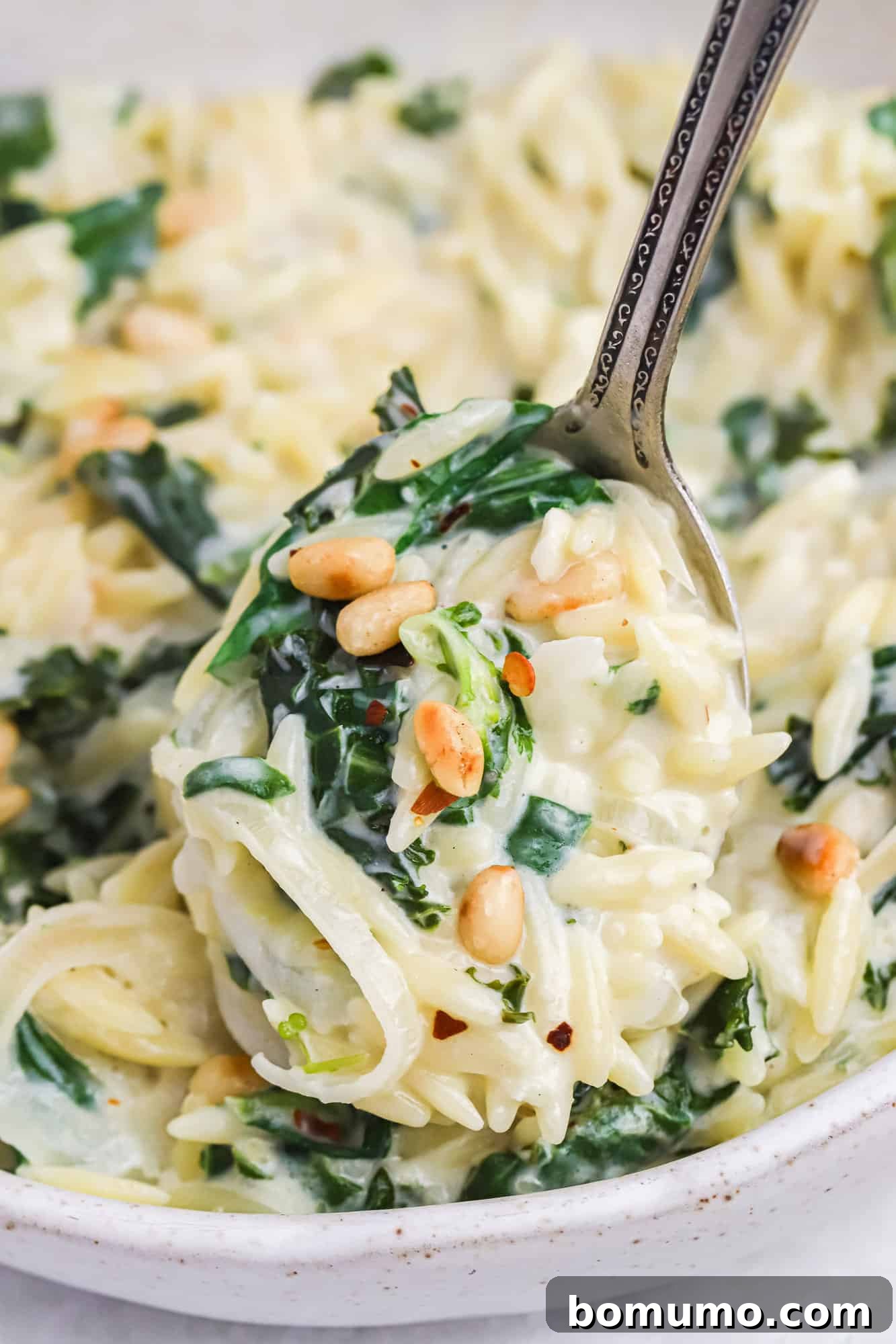 A close-up of creamy orzo pasta on a spoon, showing its texture and how it holds the sauce, ready for a bite.