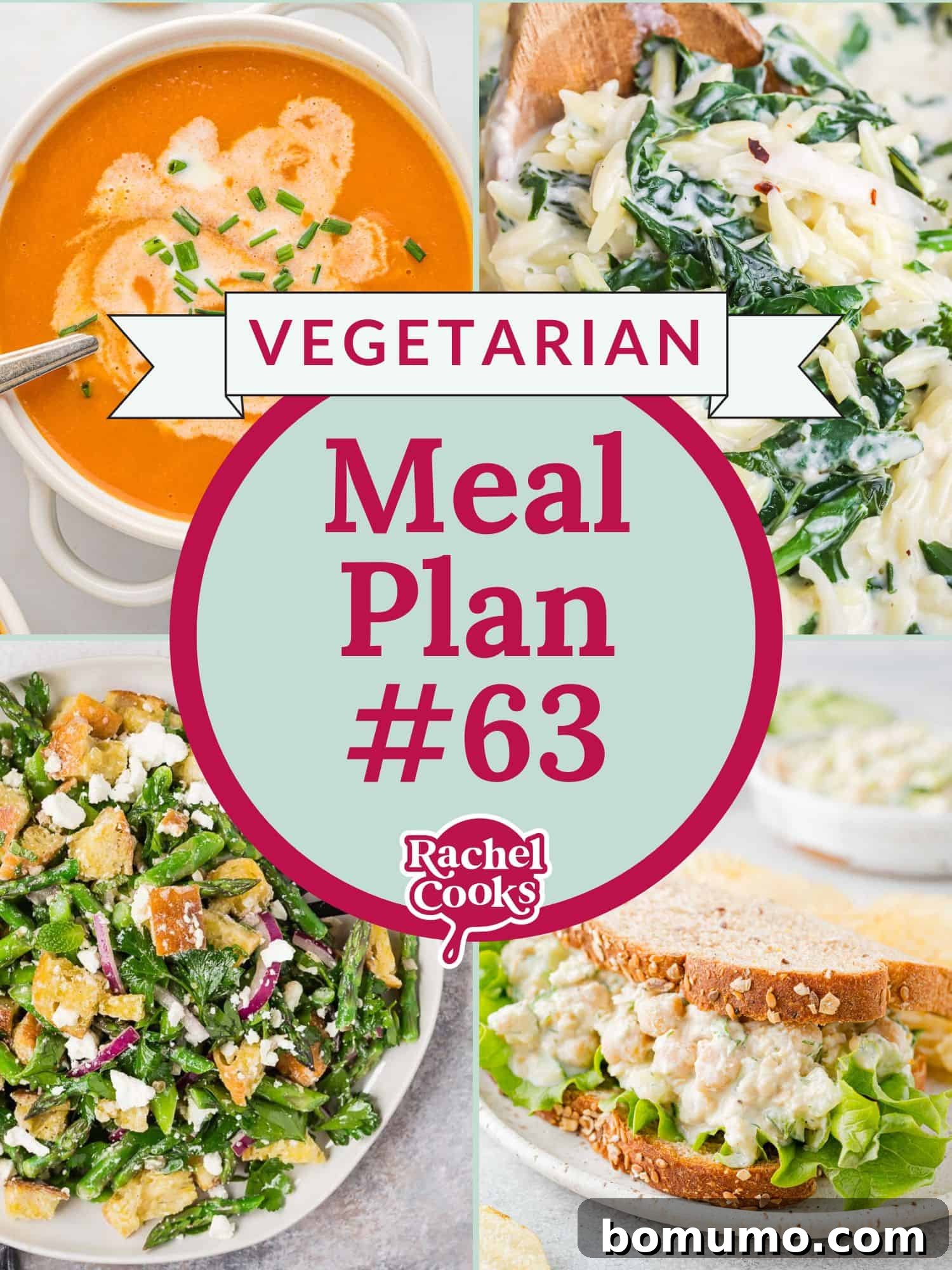 Meal plan 63, a vegetarian meal plan, preview image with photos of recipes. Features vibrant dishes like salads, pasta, and roasted vegetables.