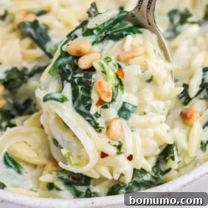 Creamy lemon orzo with greens, topped with pine nuts.
