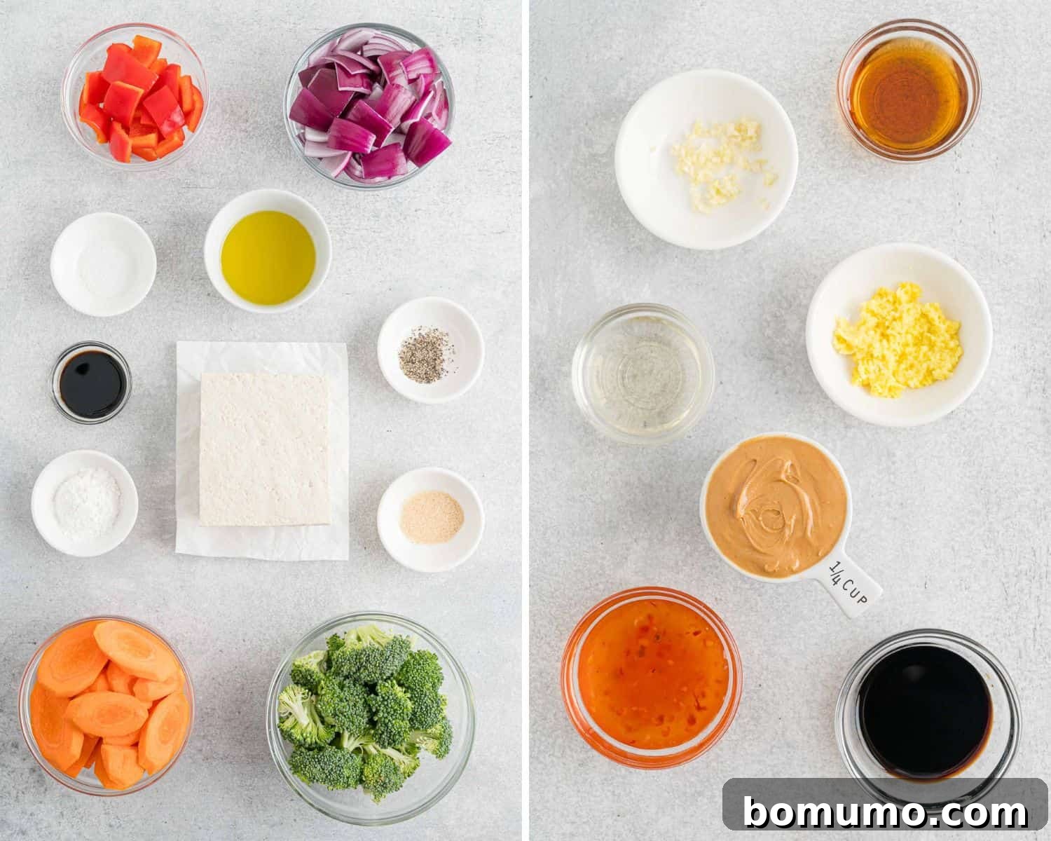 A curated selection of fresh ingredients neatly arranged in bowls, ready for preparing the tofu sheet pan dinner, including vibrant vegetables, tofu, and sauce components.