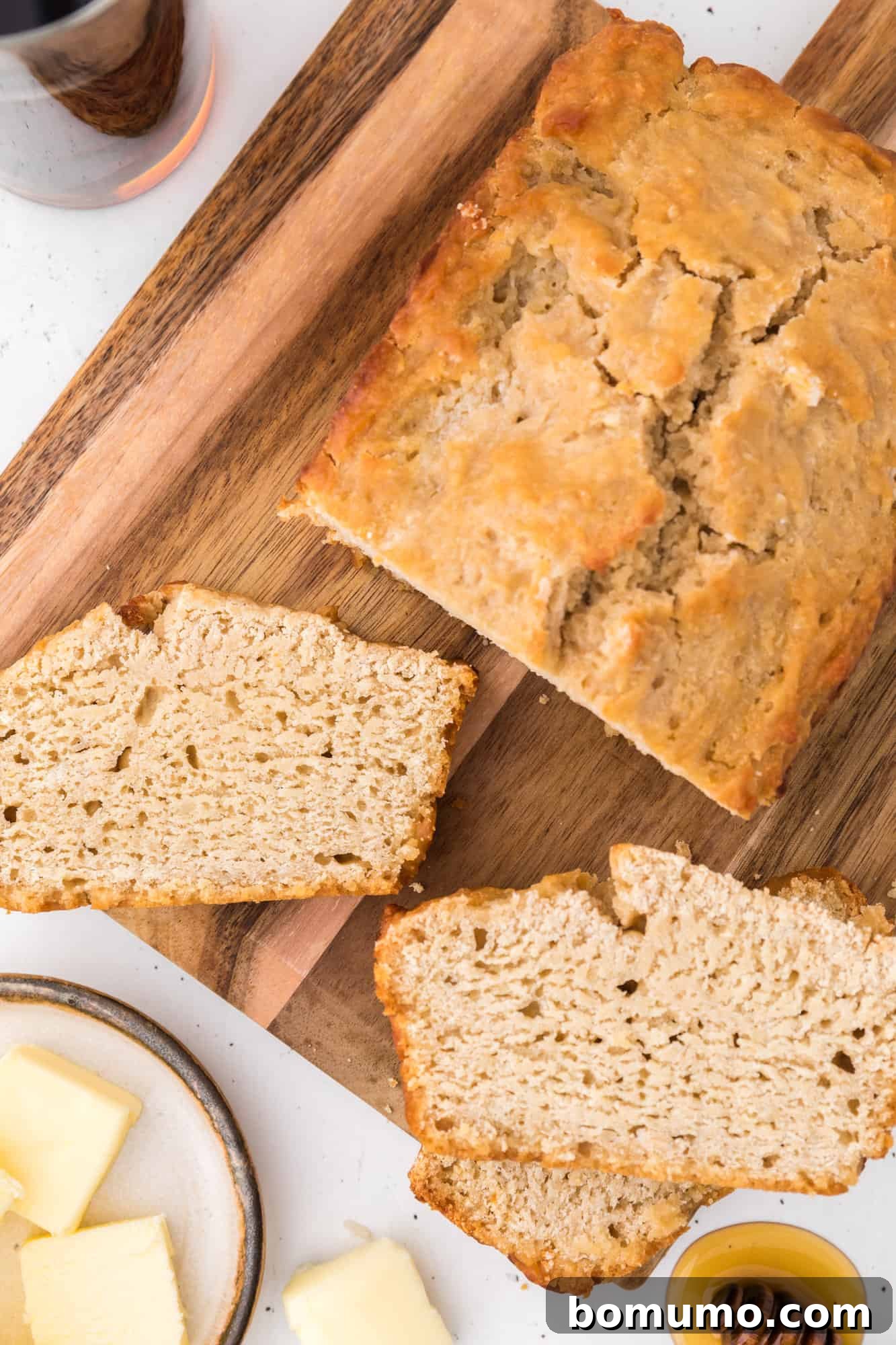 Beer bread, sliced to show texture.