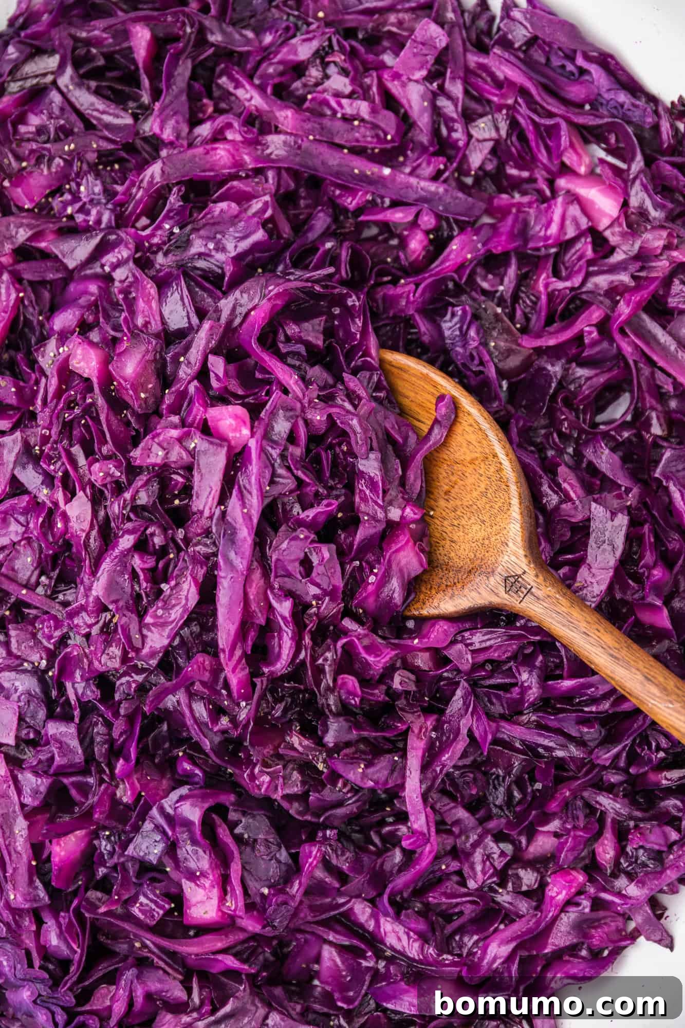 Close up of classic German red cabbage with a wooden spoon, showcasing its vibrant purple color and tender texture.