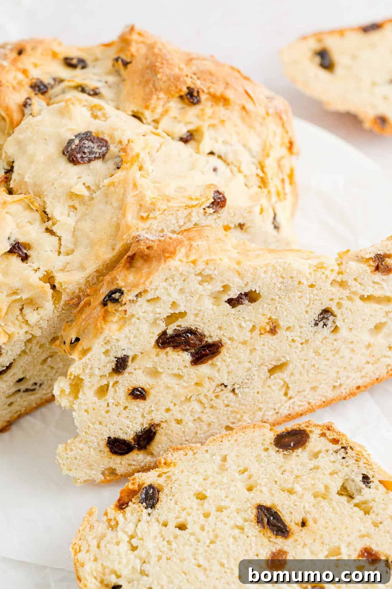 Sliced Irish soda bread with raisins, ready to be served.