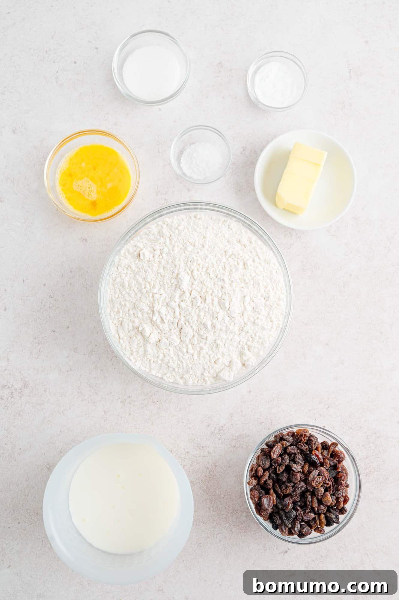 Various ingredients laid out for the Irish soda bread recipe.
