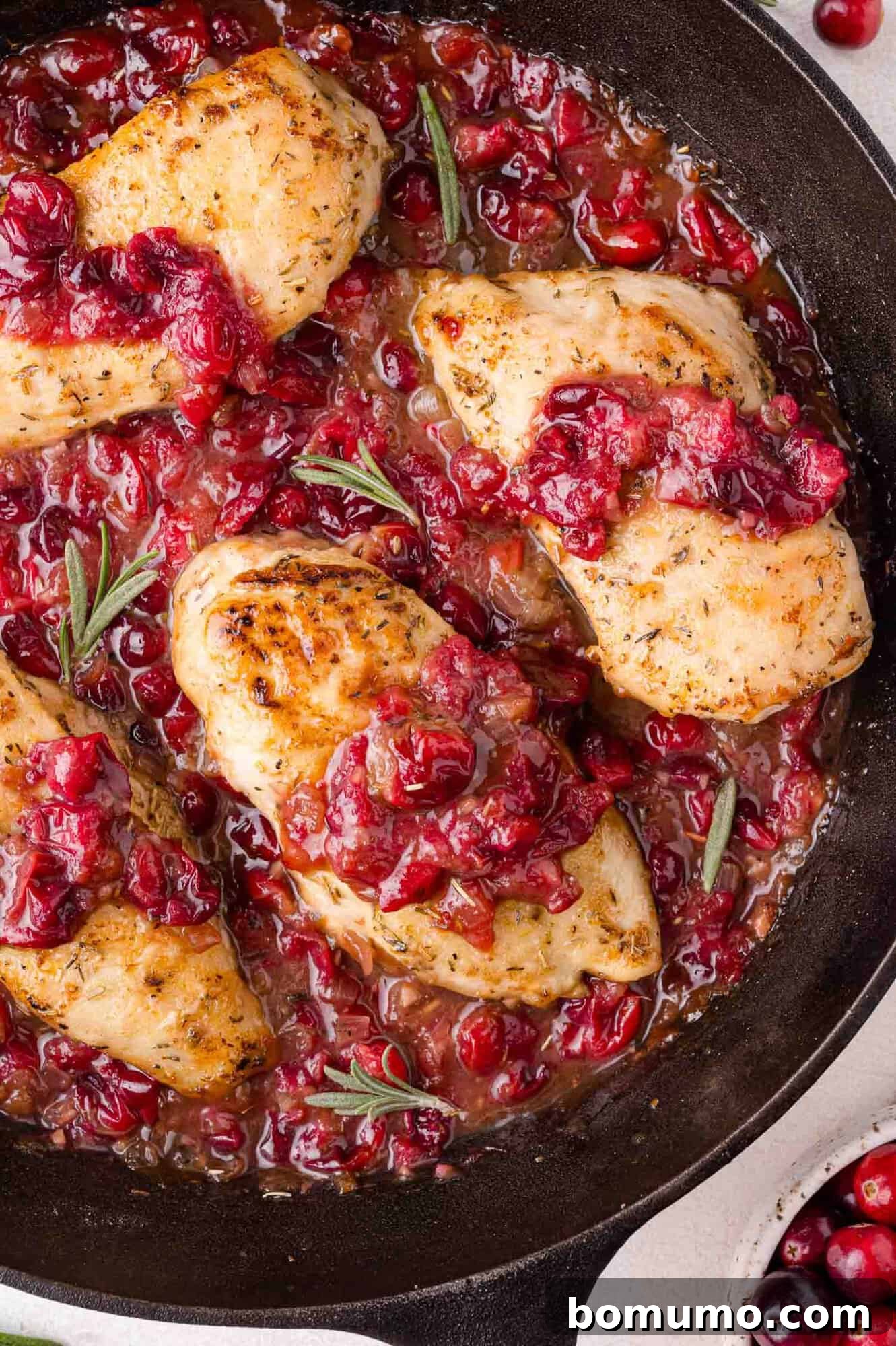 Cranberry Glazed Chicken 2 Chicken breast cooked in a skillet with a cranberry sauce and garnished with rosemary.