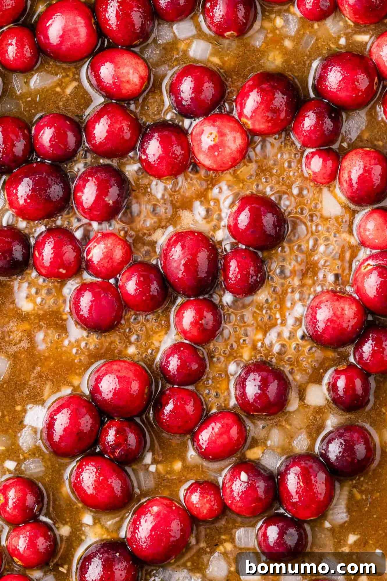 Cranberry Glazed Chicken 11 Cranberries simmering in a brown sauce with chopped onions and visible bubbles.
