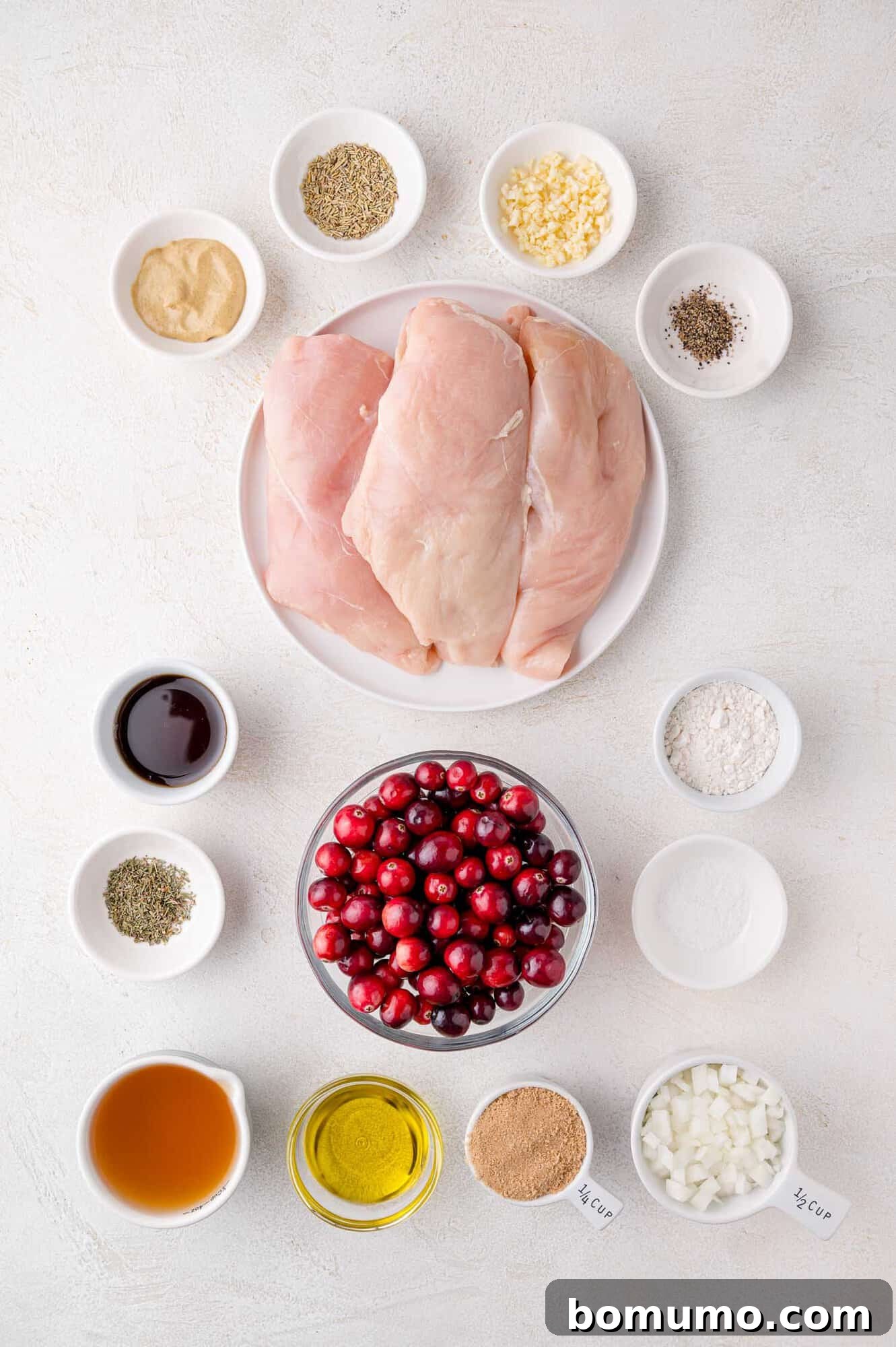 Cranberry Glazed Chicken 4 Top view of ingredients for a cranberry chicken dish on a light surface, including raw chicken breasts, cranberries, herbs, spices, sauces, and diced onions each in separate bowls.