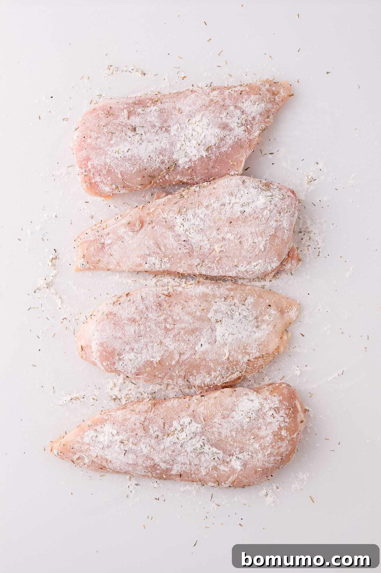 Cranberry Glazed Chicken 6 Four raw chicken breast pieces coated with flour on a white surface.