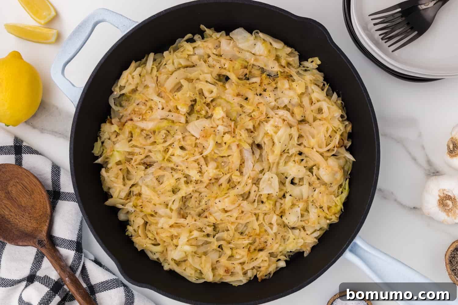 Sautéed Cabbage Reimagined 7 Cooked cabbage in skillet.