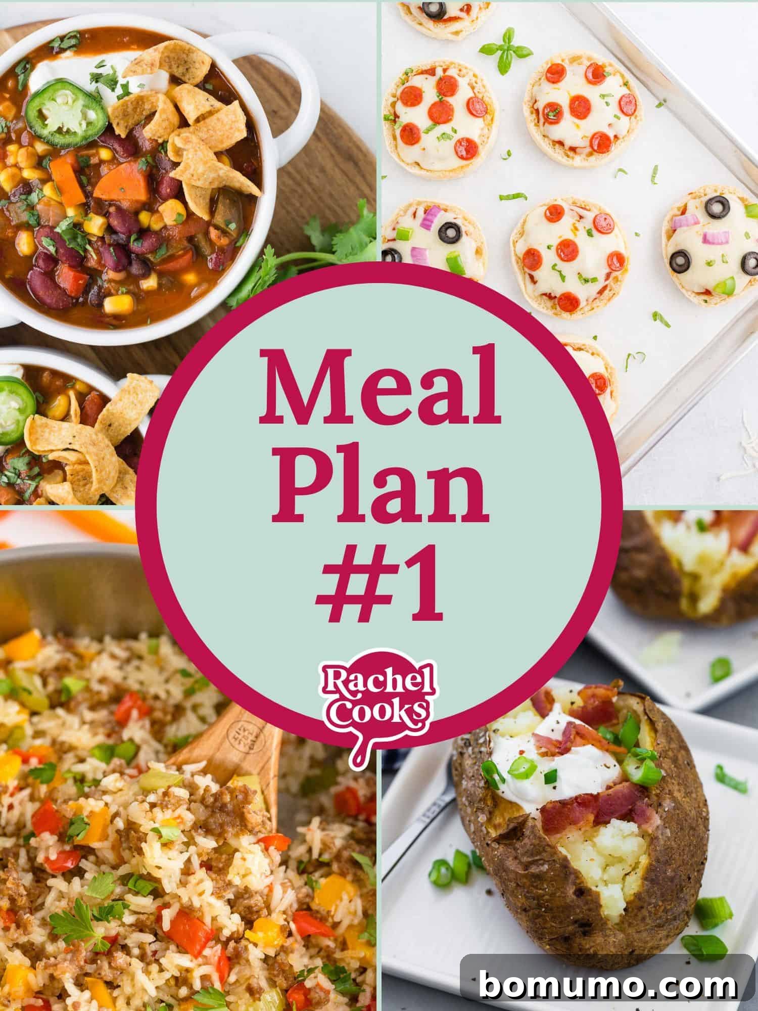 Four recipes with text overlay that reads "Meal Plan #1." A vibrant collage showcasing a variety of healthy and easy-to-make dishes, inviting viewers to explore the new meal plan.