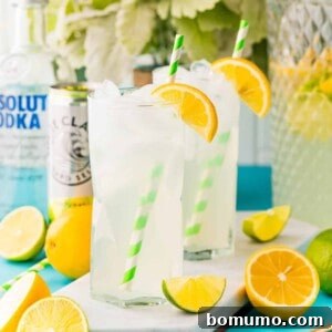 Two glasses of vodka lemonade garnished with orange wedges.