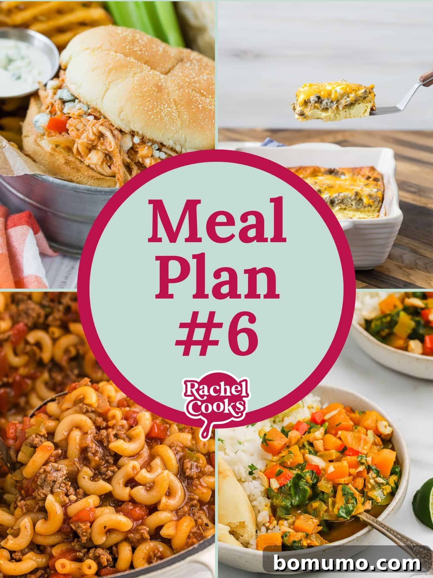 A graphic promoting "Meal Plan #6" with images of varied, delicious, and easy-to-make family meals. The text highlights a free meal plan and grocery list, designed to simplify life with five dinners, a bonus recipe, and helpful tips.