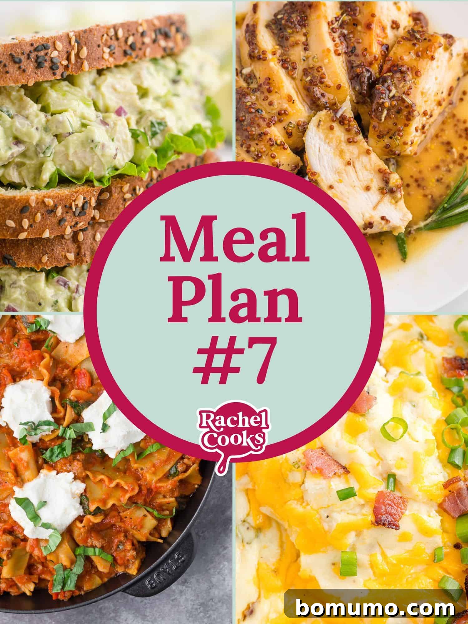 Four vibrant recipe images depicting diverse family meals, accompanied by text that proudly declares "Meal Plan #7." This graphic is designed to inspire and simplify weekly cooking routines.