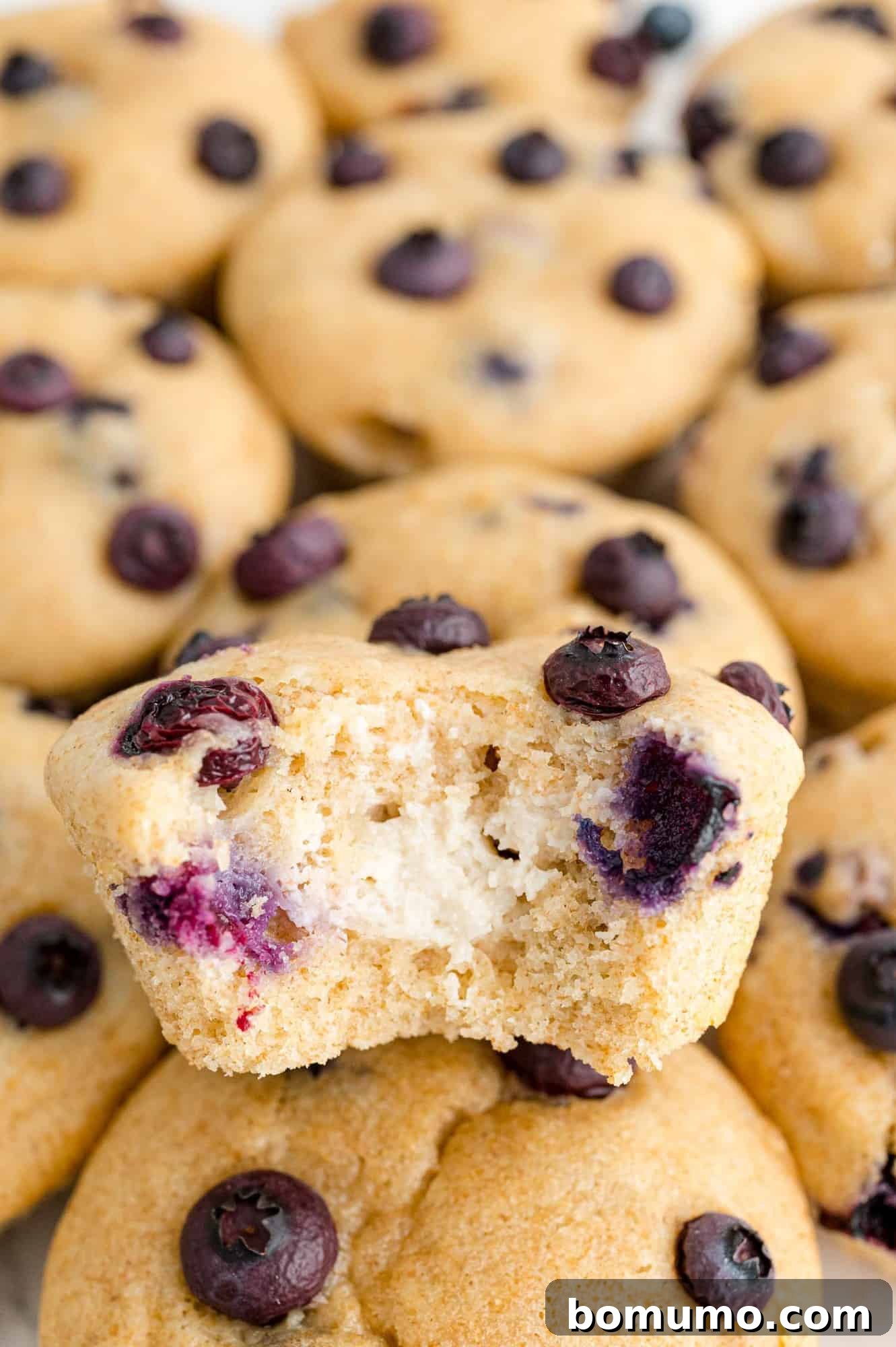 A perfectly baked blueberry cream cheese muffin sitting on a stack of other golden muffins, ready to be enjoyed.