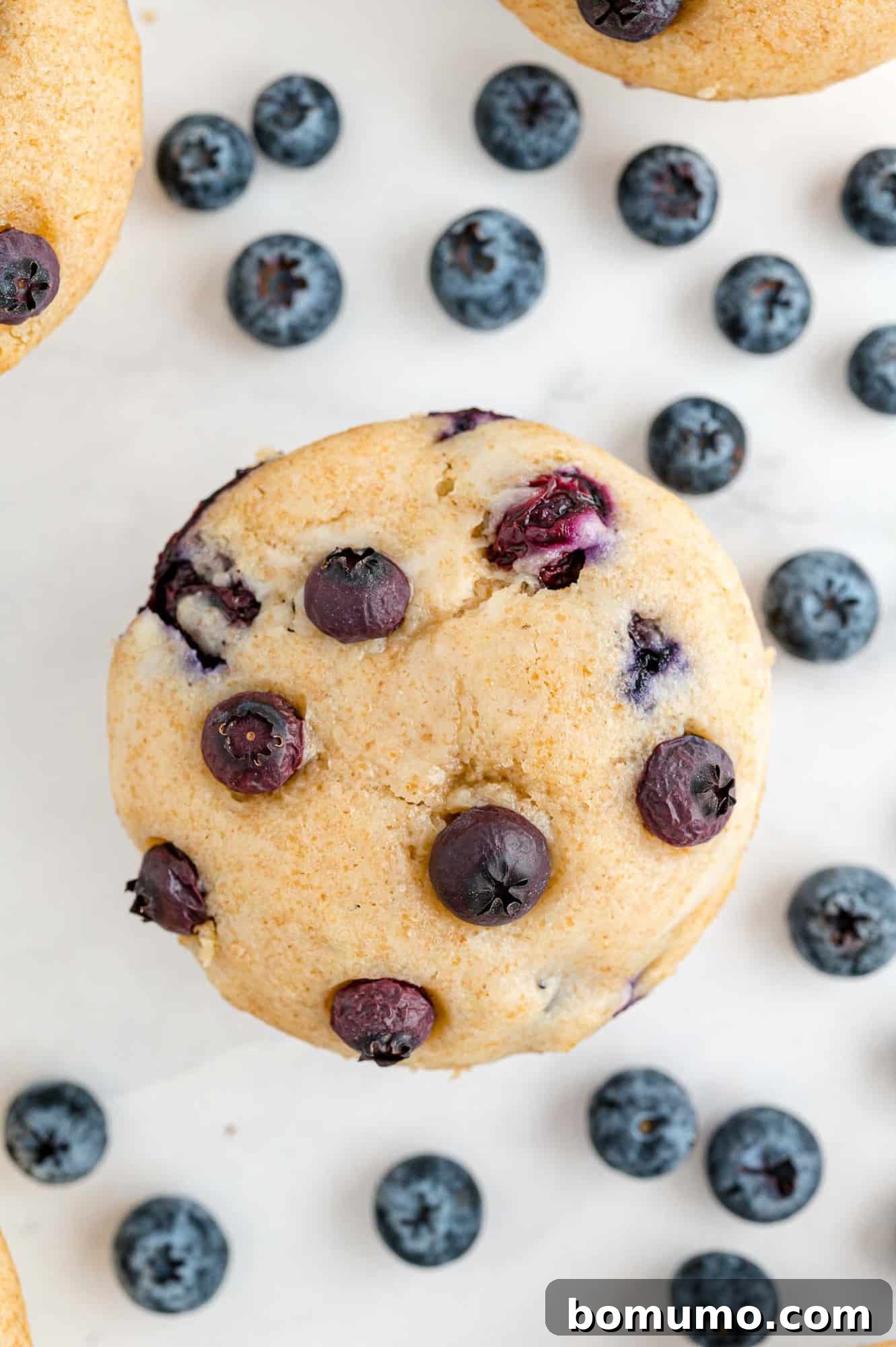 An overhead view of a single blueberry muffin, artfully surrounded by scattered fresh blueberries, highlighting its inviting texture.