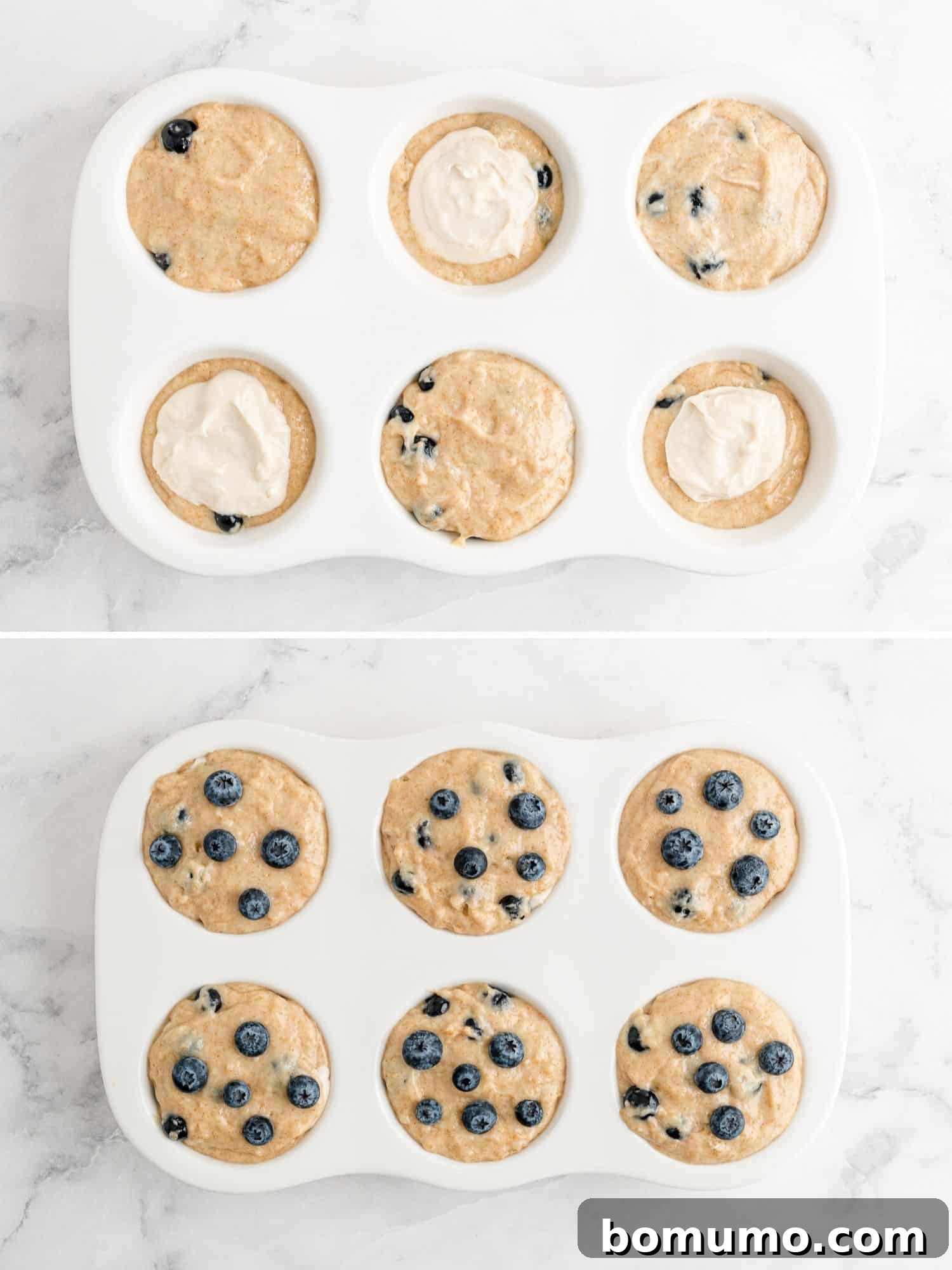 A visual guide showing two stages of filling muffin cups: first with batter, then adding the cream cheese filling, and finally topping with more batter.