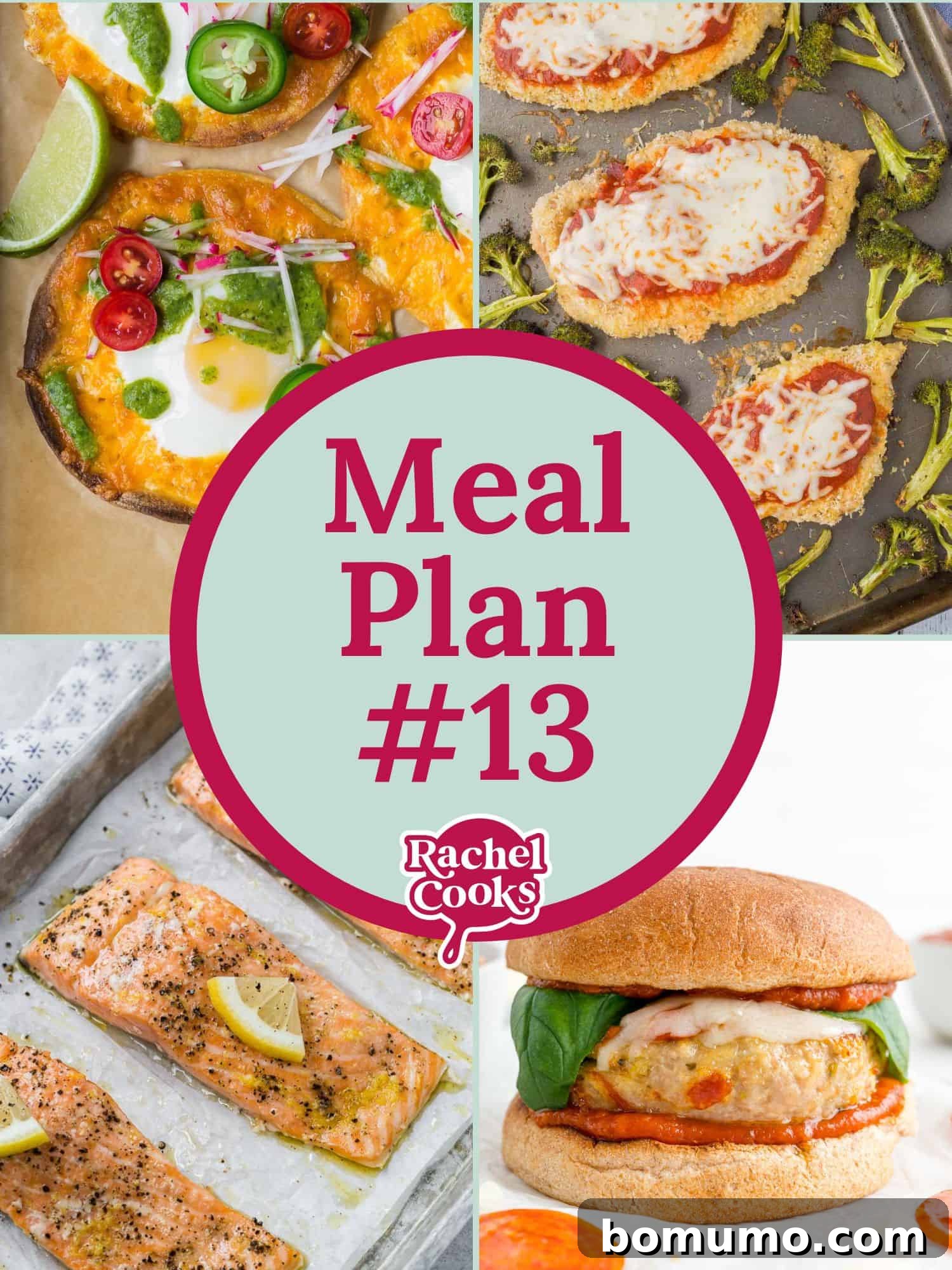 The Thirteenth Meal Plan 2 Meal plan post graphic with images of delicious, easy-to-make recipes like Baked Chicken Parmesan, Slow Roasted Salmon, and Sheet Pan Breakfast Tostadas.