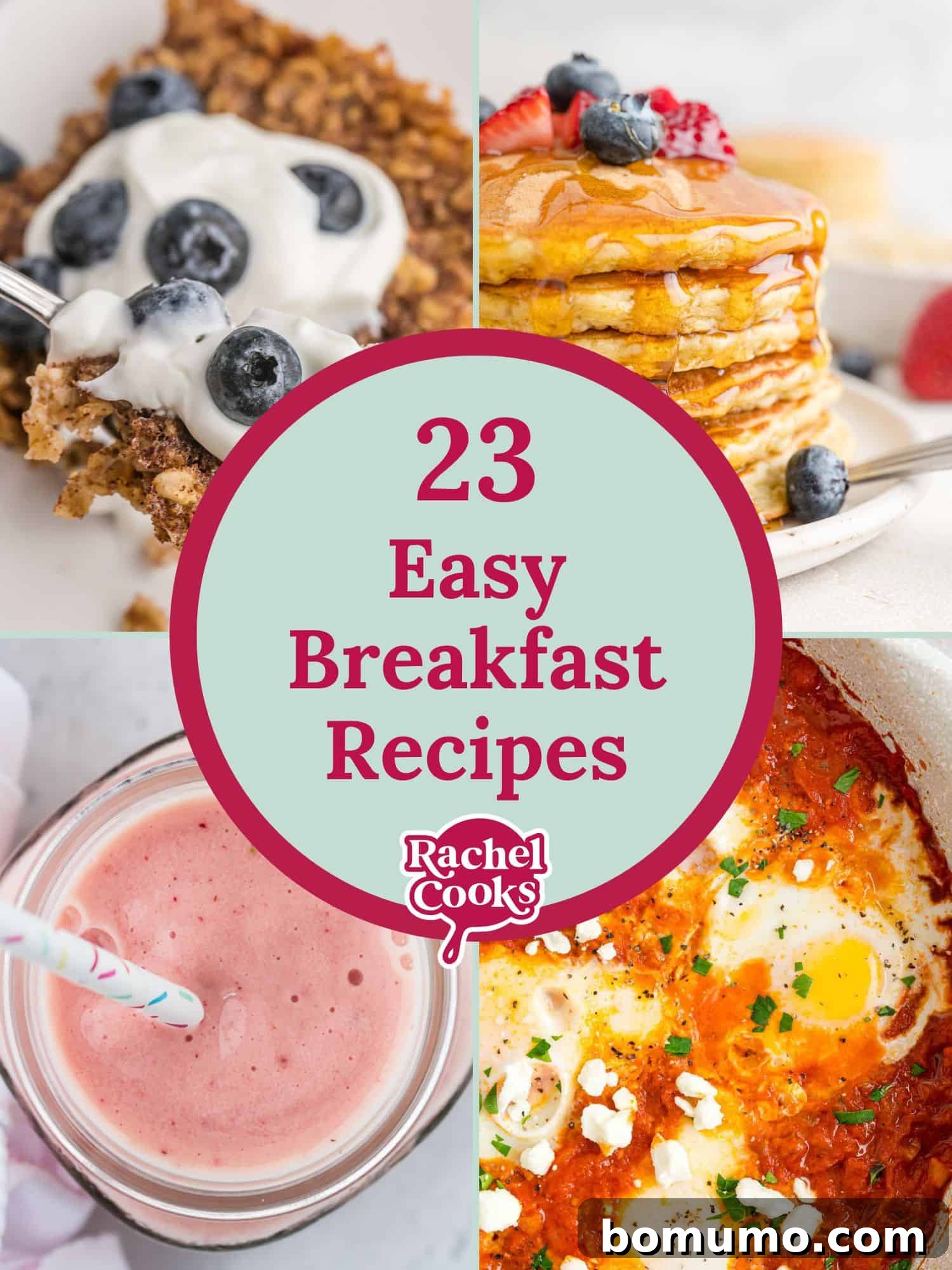 Easy Breakfast recipes graphic with text and photos of various healthy breakfast recipes like oatmeal, pancakes, and eggs.