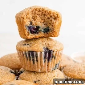 Stack of blueberry bran muffins.