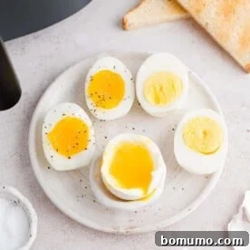 Air fryer boiled eggs, some soft boiled, some jammy, some hard.