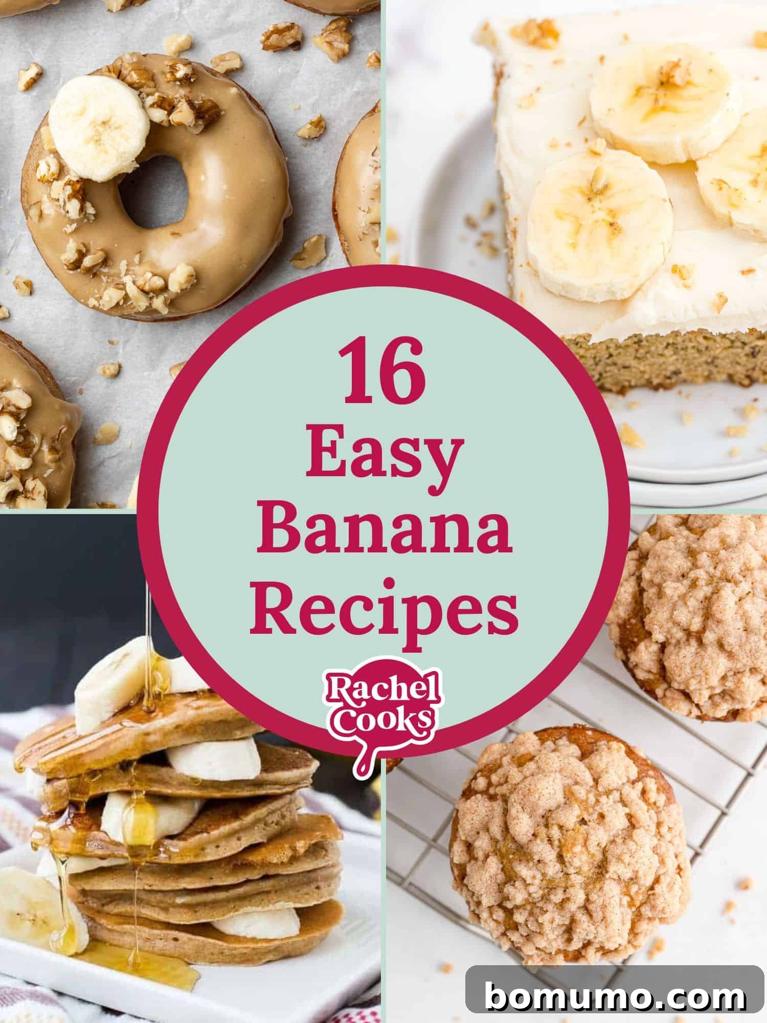 A collage of four tempting banana recipes: Whole Wheat Banana Bread, Baked Banana Donuts, Banana Popsicles, and Banana Cake. The text overlay reads '16 Easy Banana Recipes.'