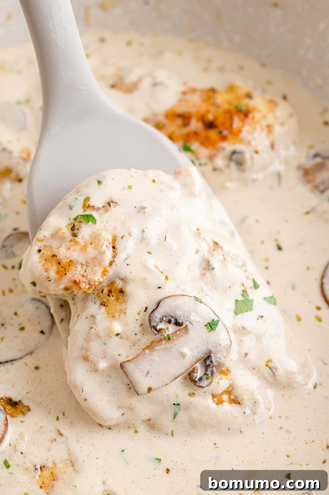 A spatula lifts a piece of chicken from a skillet of creamy chicken marsala, showcasing the rich sauce and tender meat.