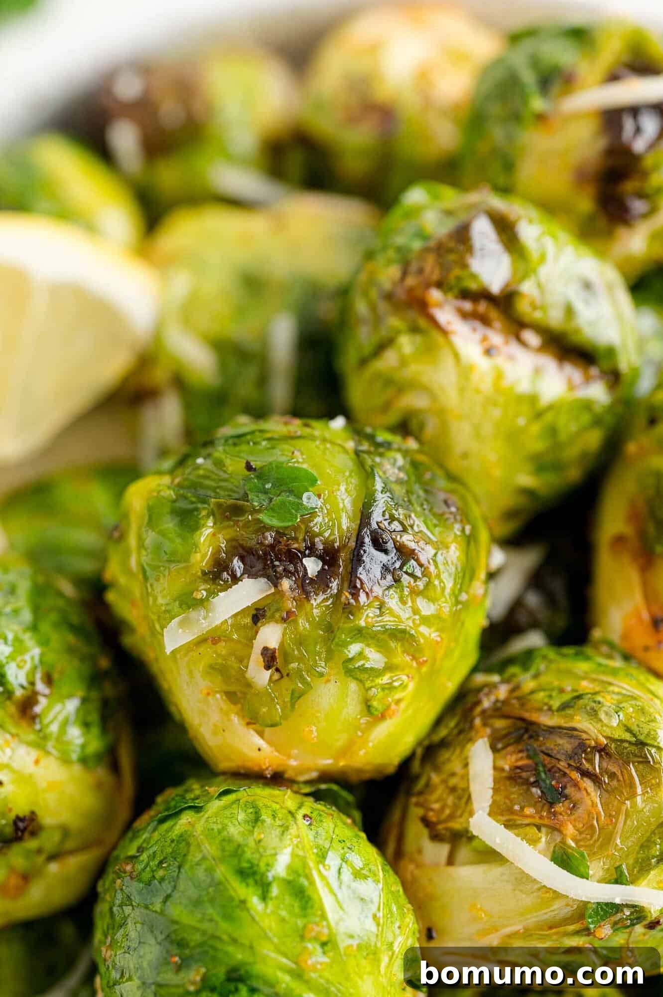 These are the best grilled Brussels sprouts! Cooked until golden and tossed in a combination of zesty lemon, parmesan, and fresh herbs. Close up of a bowl of grilled Brussels sprouts tossed in lemon and parmesan.