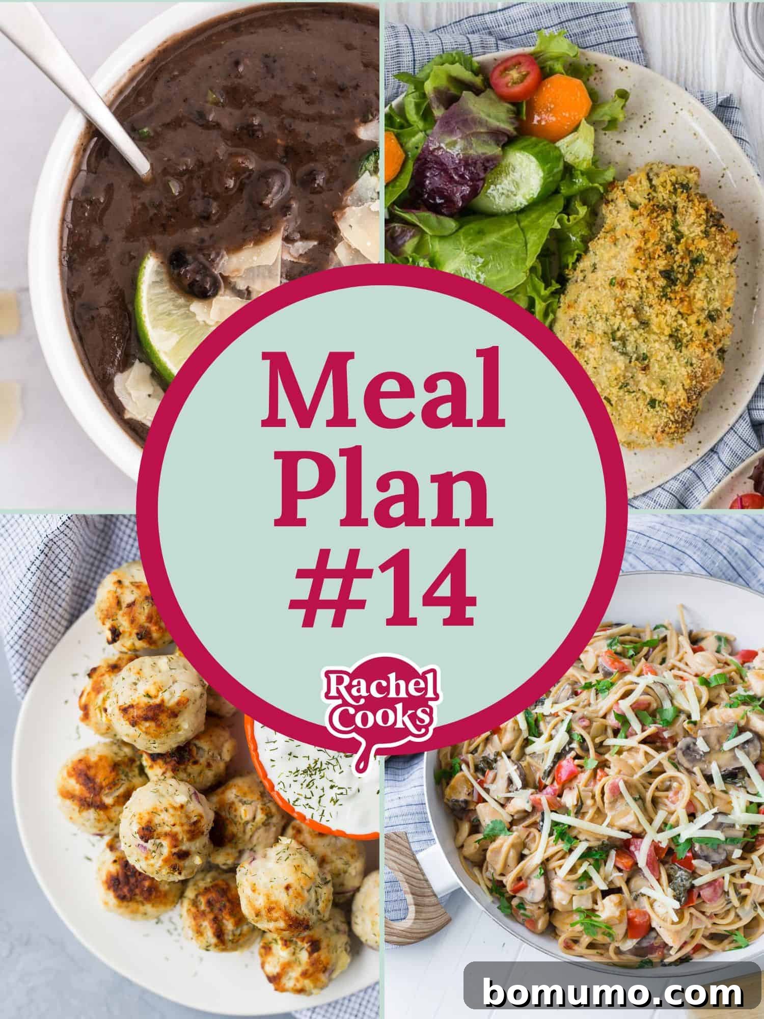 Weekly Meal Plan #14 graphic showing a preview of a free printable menu and grocery list. Includes five family dinners and one bonus recipe, designed for easy meal prep.
