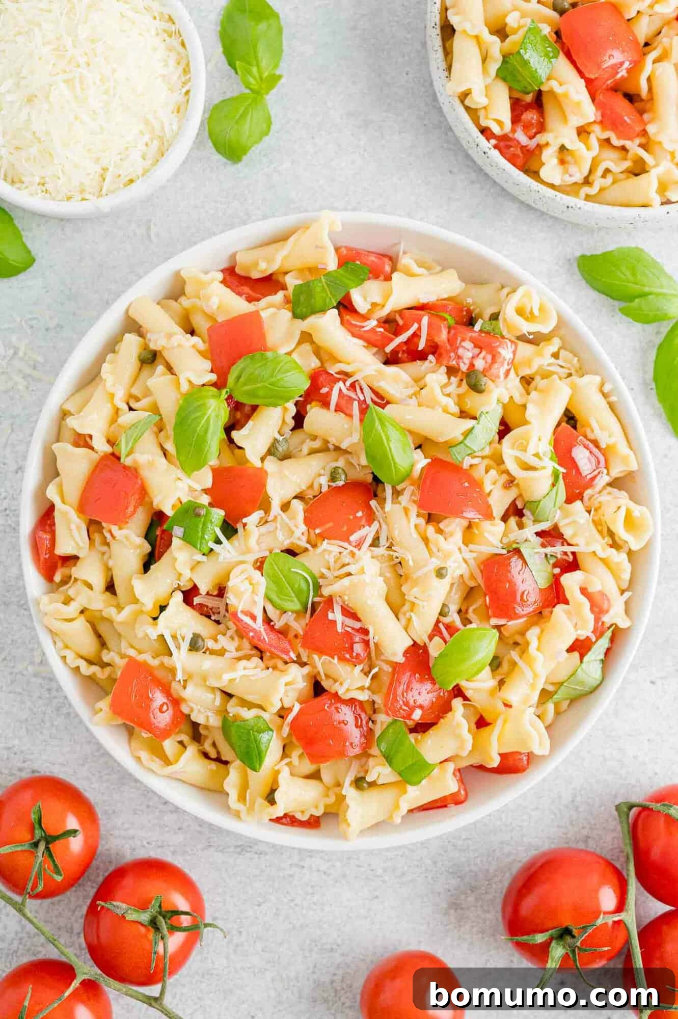 Overhead view of a bowl of fresh tomato pasta surrounded by scattered tomatoes and a bowl of grated parmesan.