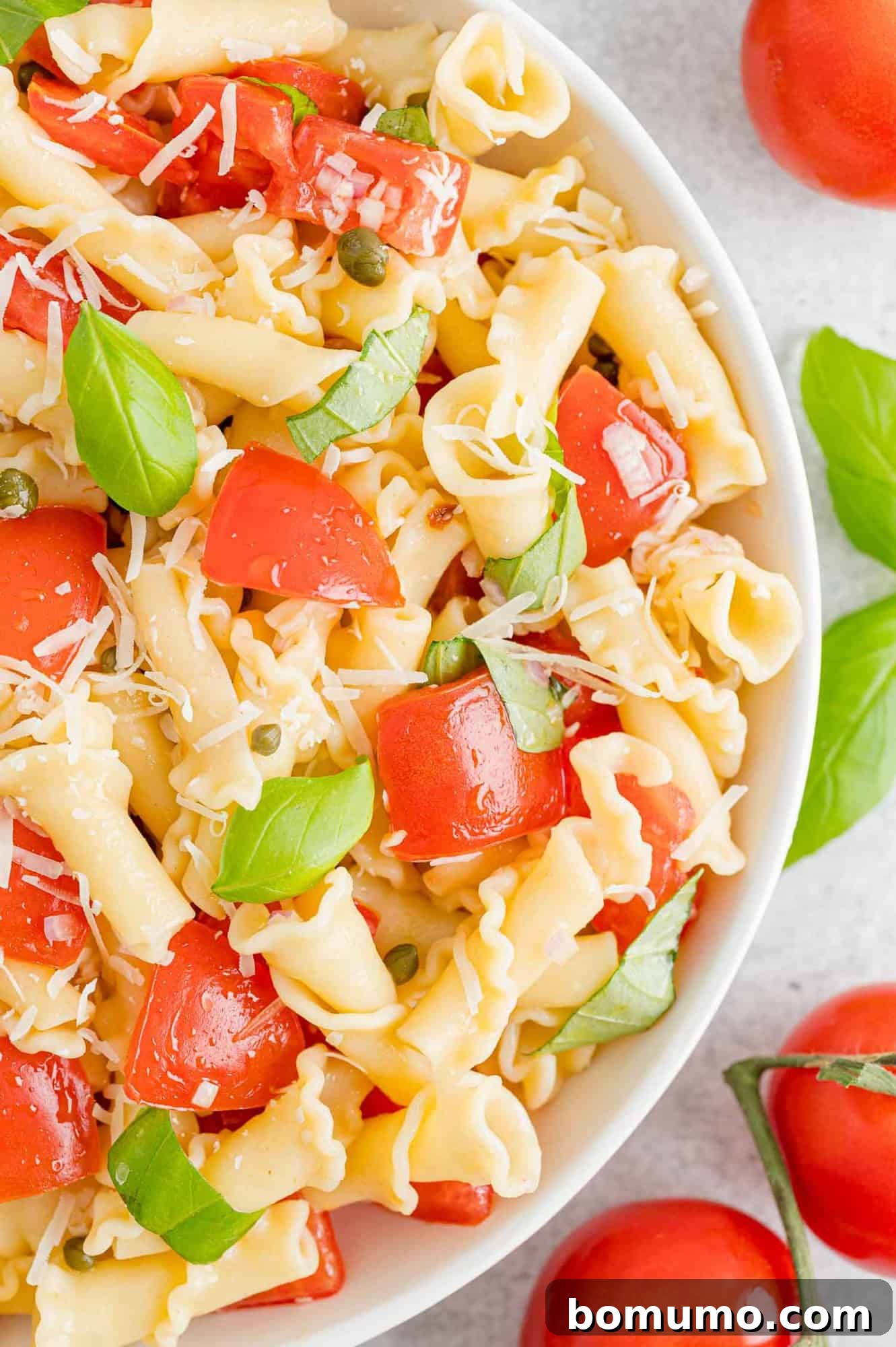 Overhead close up view of a bowl of fresh tomato pasta surrounded by scattered tomatoes.