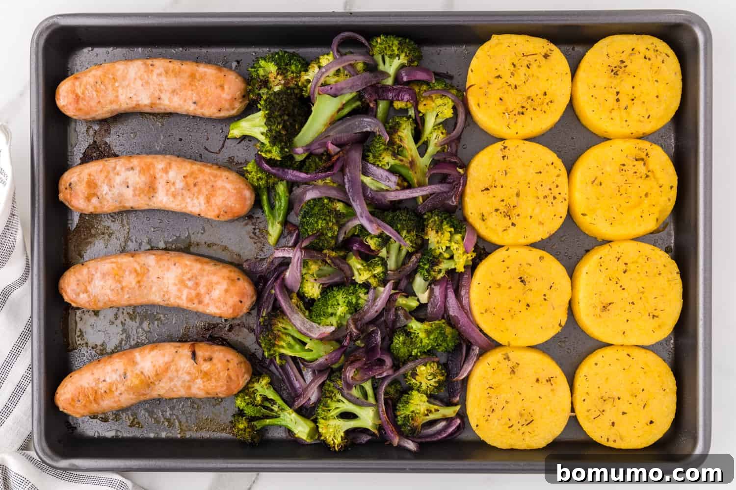 Completed cooked sheet pan dinner.