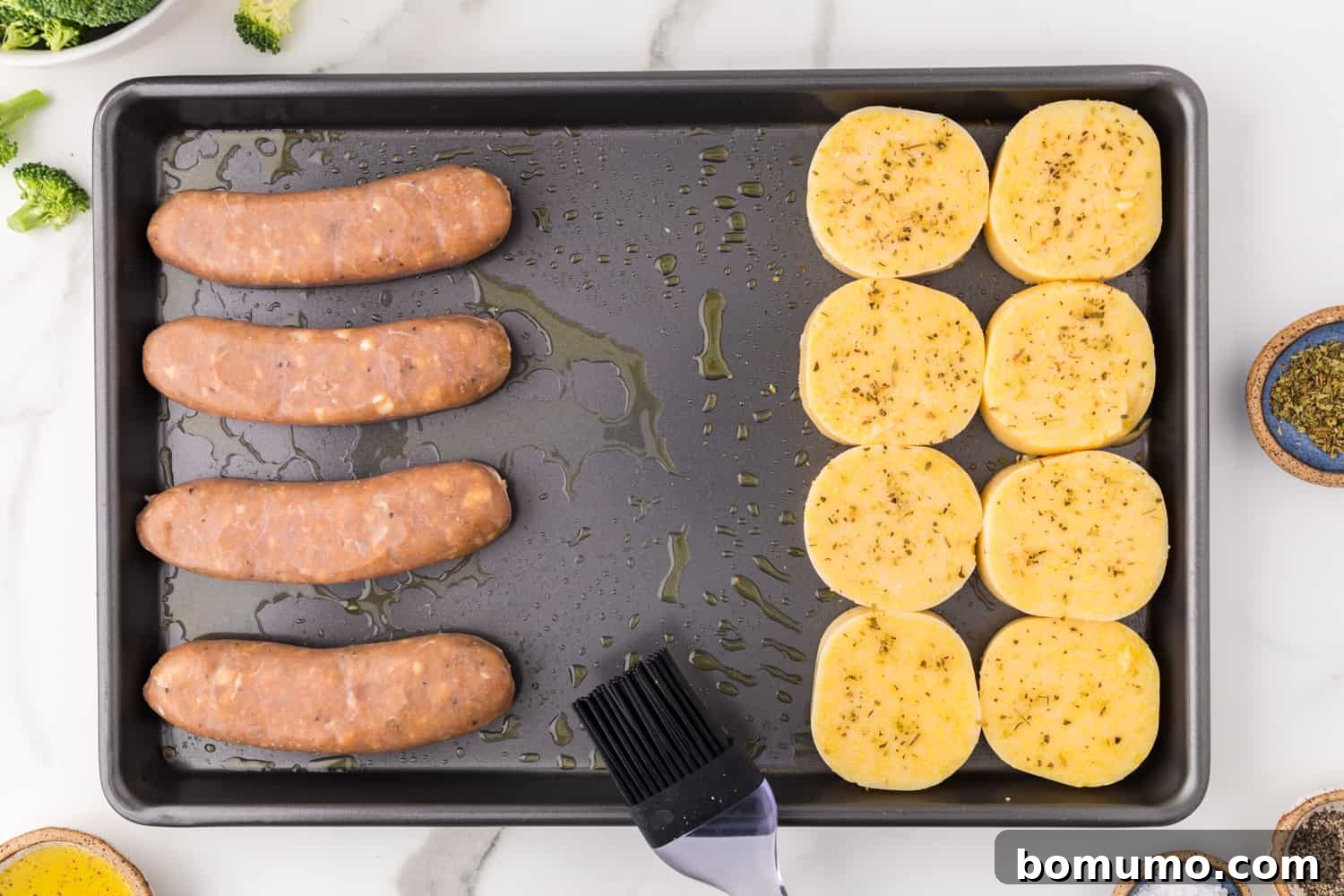 Sausage added to pan.
